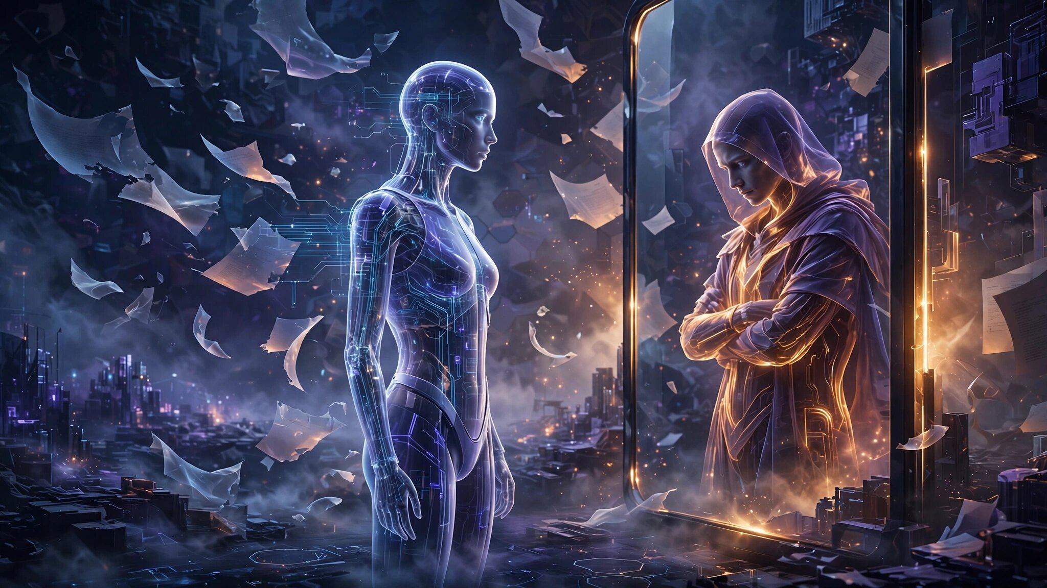Translucent digital humanoid figure standing before a mirror showing a subtly altered reflection, surrounded by floating document layers peeling away in cool blue and amber light