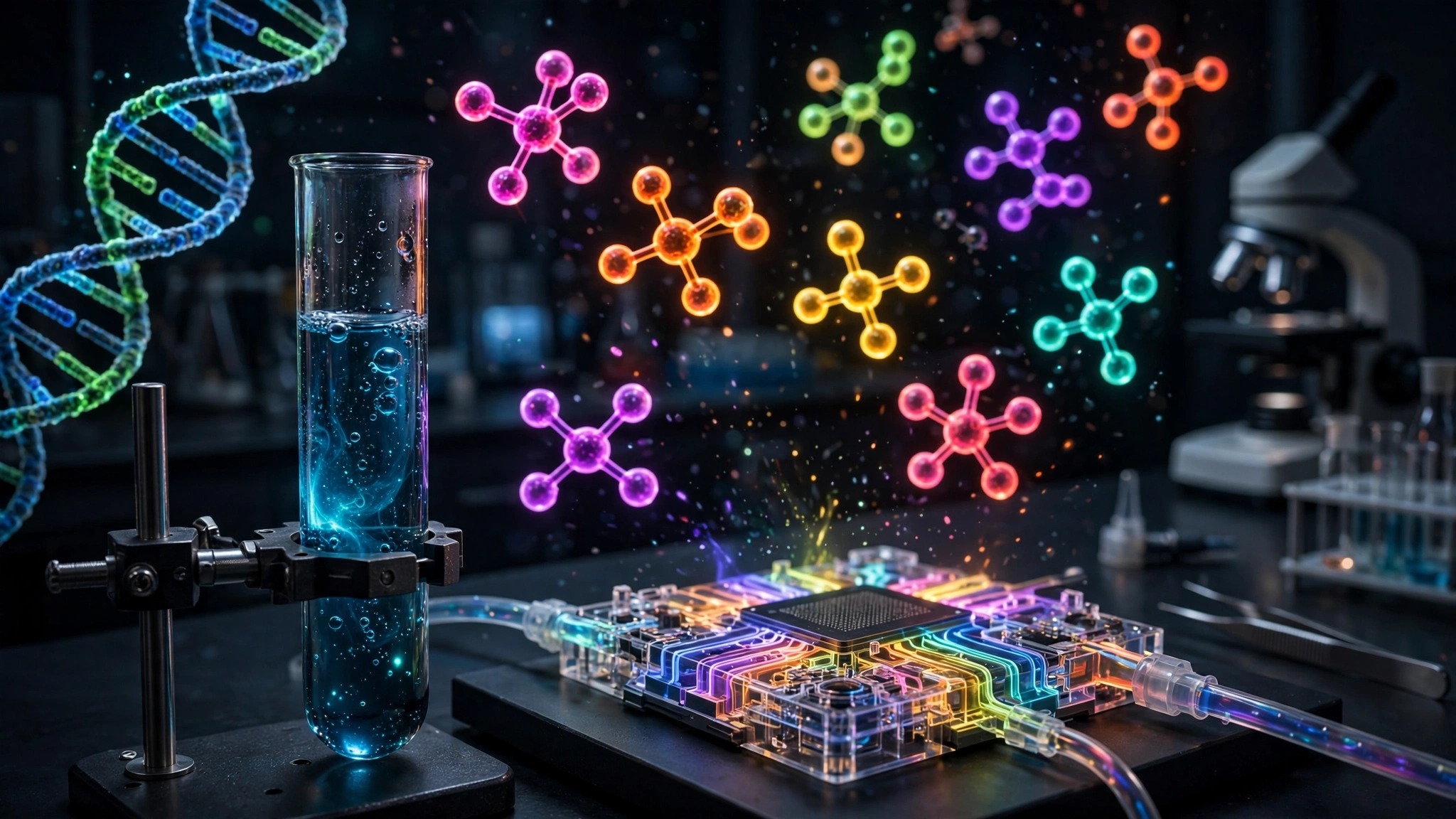 Abstract visualization of expanded genetic code with molecular building blocks assembling beyond the standard 20 amino acids