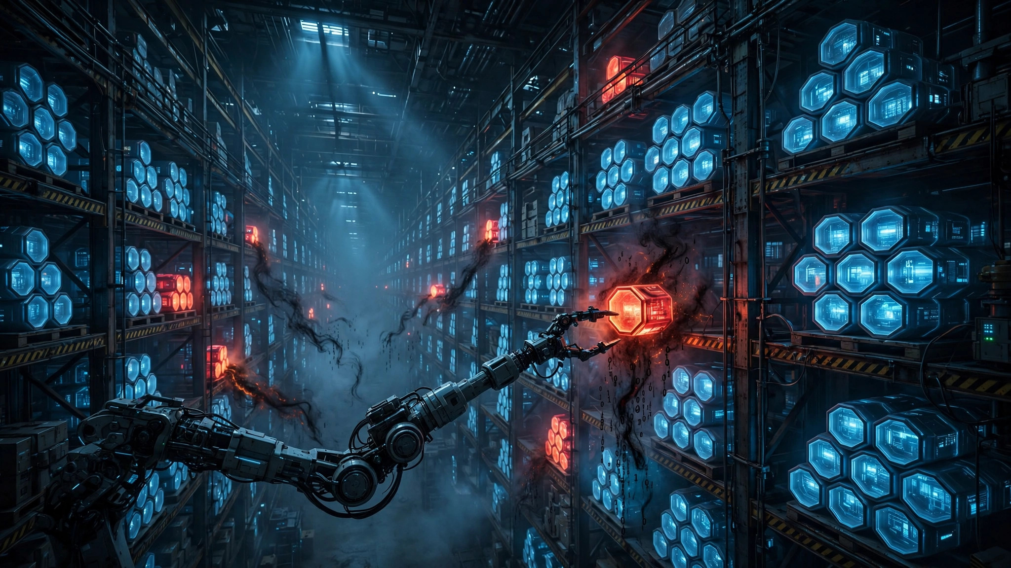 Vast digital warehouse with glowing blue and red hexagonal containers on industrial shelving, a robotic arm reaching for a compromised red container