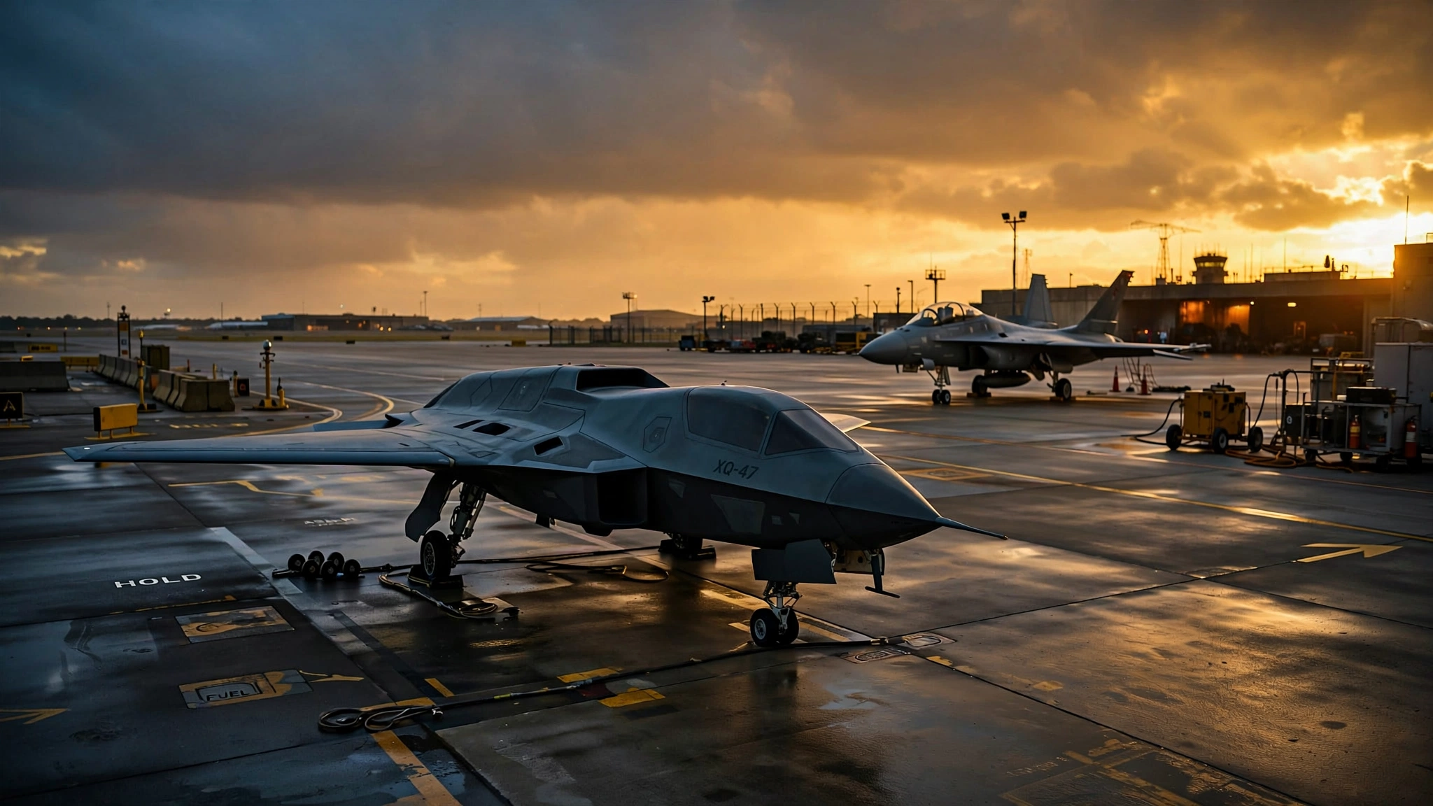 Autonomous combat drones flying in formation alongside a crewed fighter jet over desert terrain at golden hour