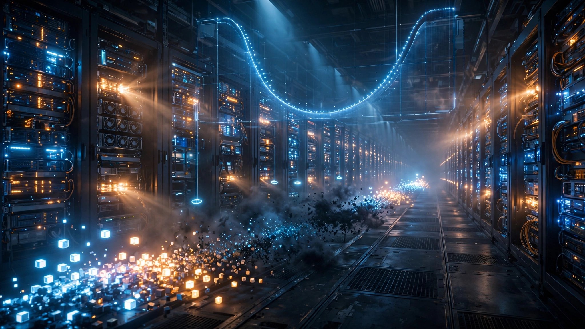 An abstract visualization of fading memory in a neural network, tokens dissolving from the middle of a long sequence while the first and last tokens glow brightly, rendered in cold blue and warm amber tones