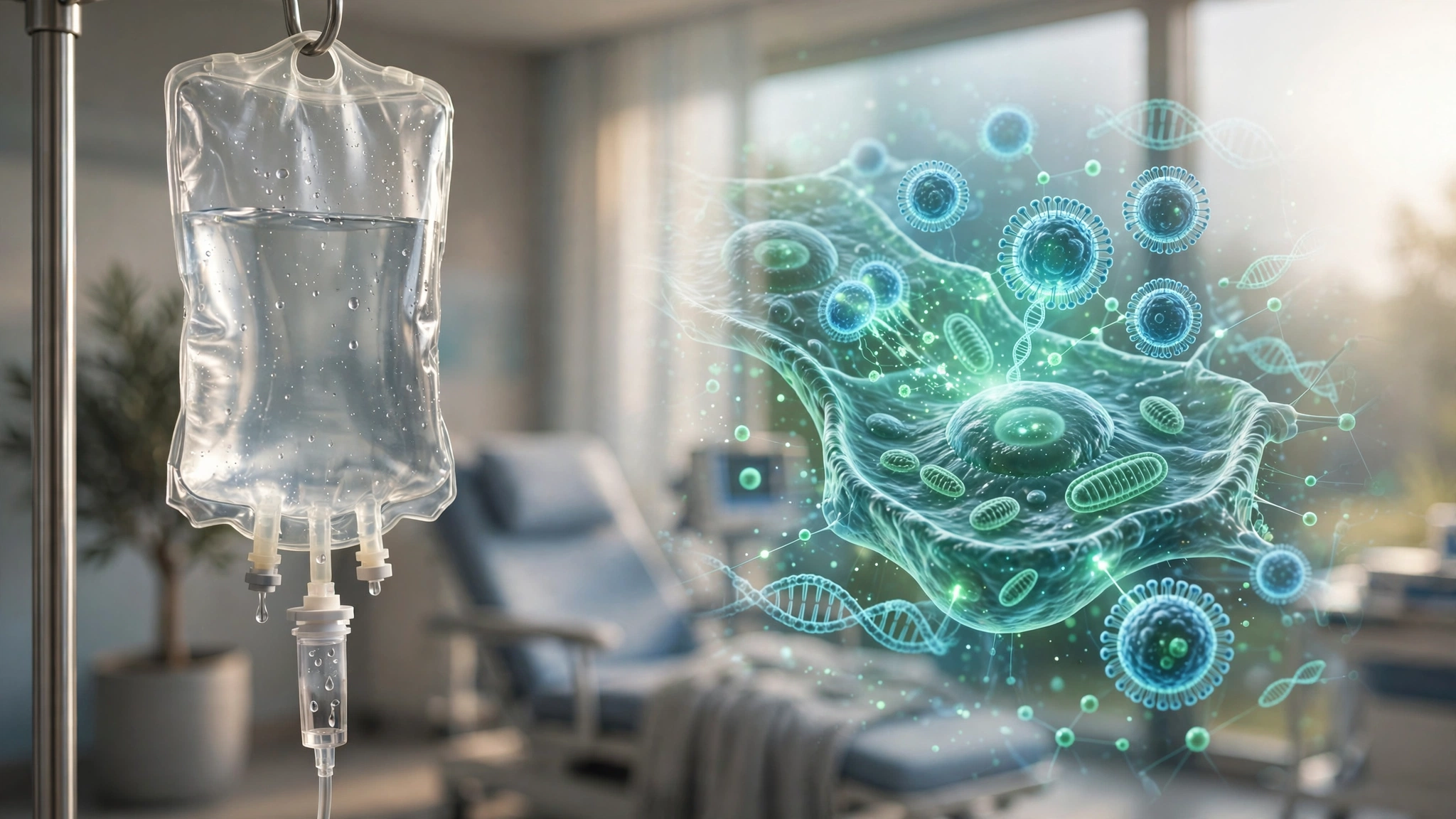 IV infusion bag in modern infusion center with translucent lipid nanoparticle liver editing concept