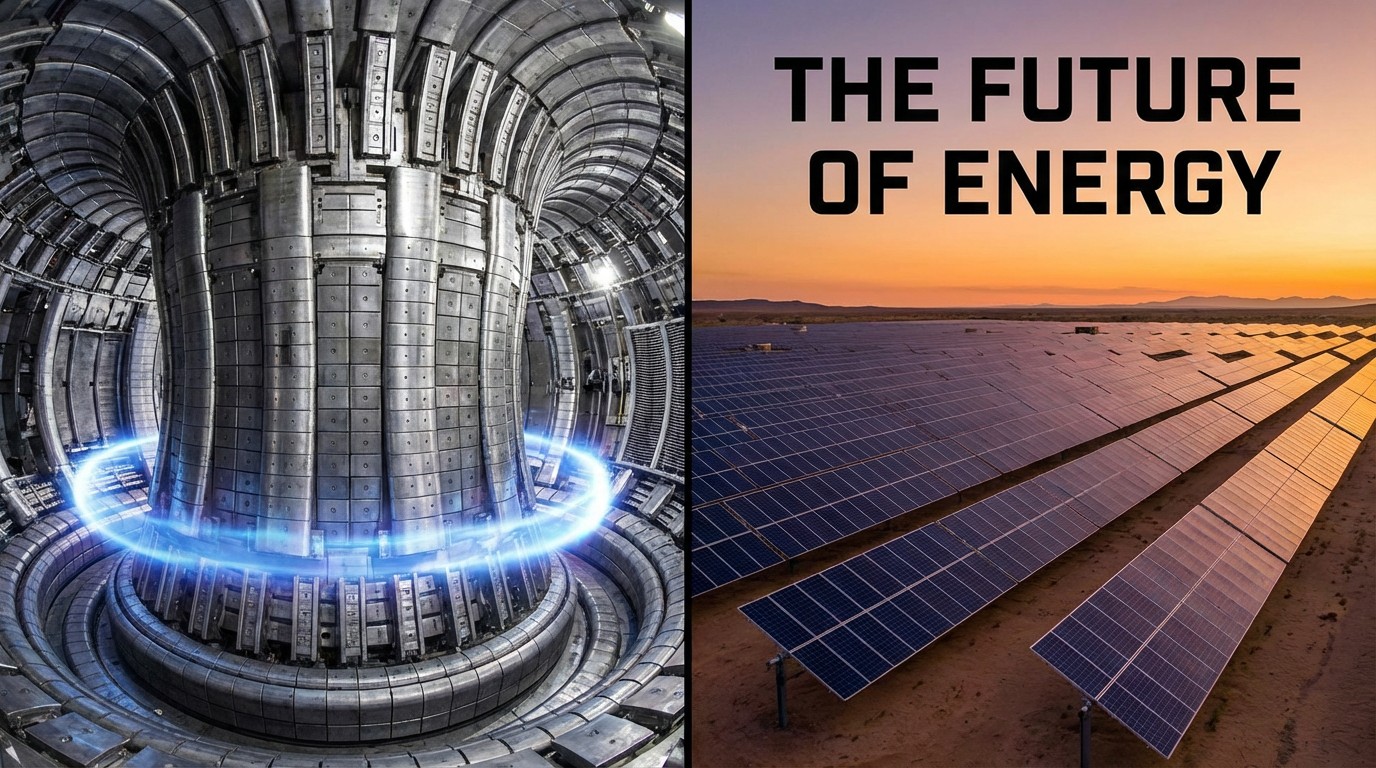 Fusion reactor interior juxtaposed with solar panel field