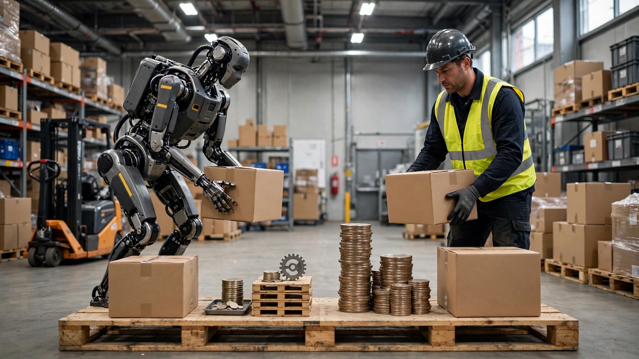 Humanoid robot on factory floor next to warehouse worker with cost comparison overlay