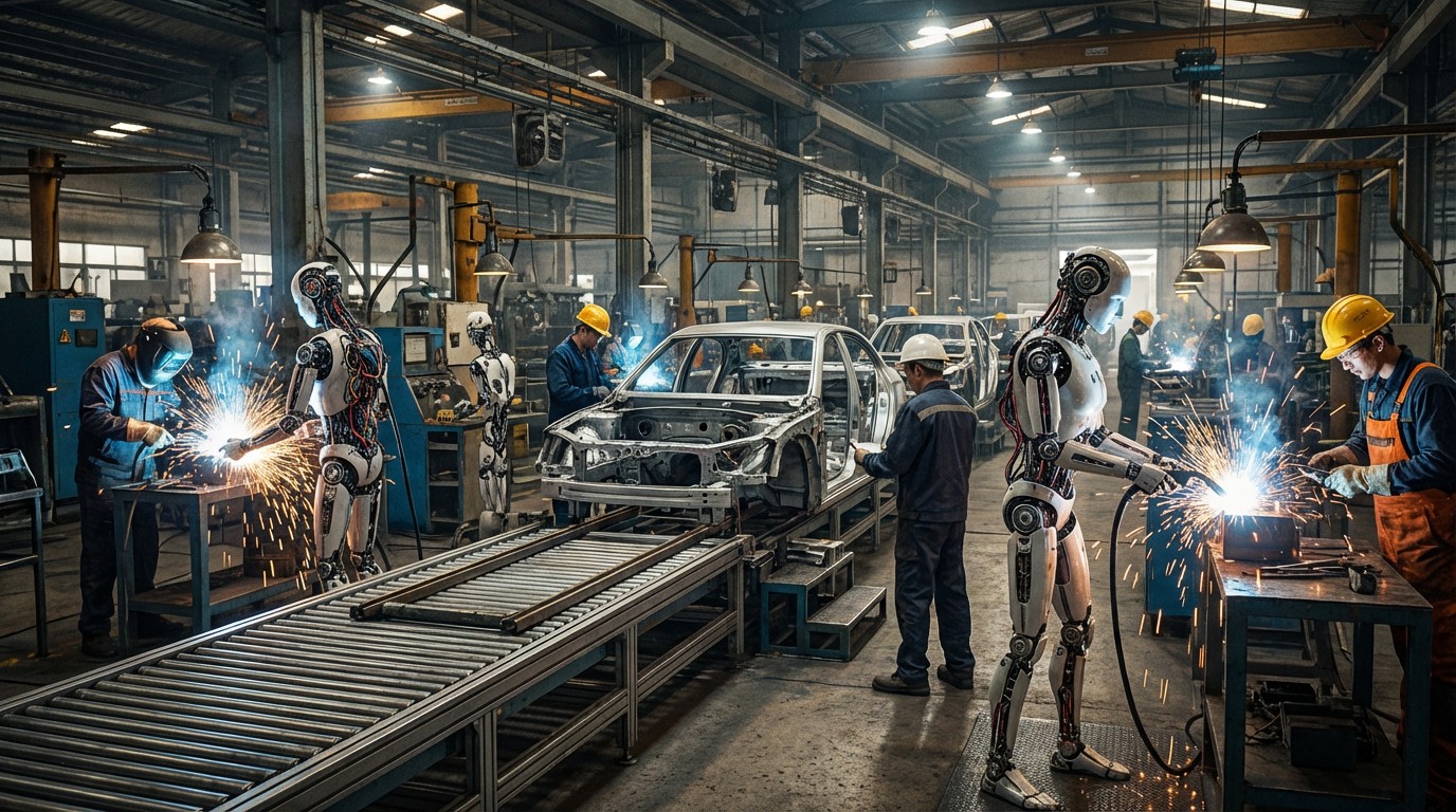Humanoid robots working alongside humans on a factory floor