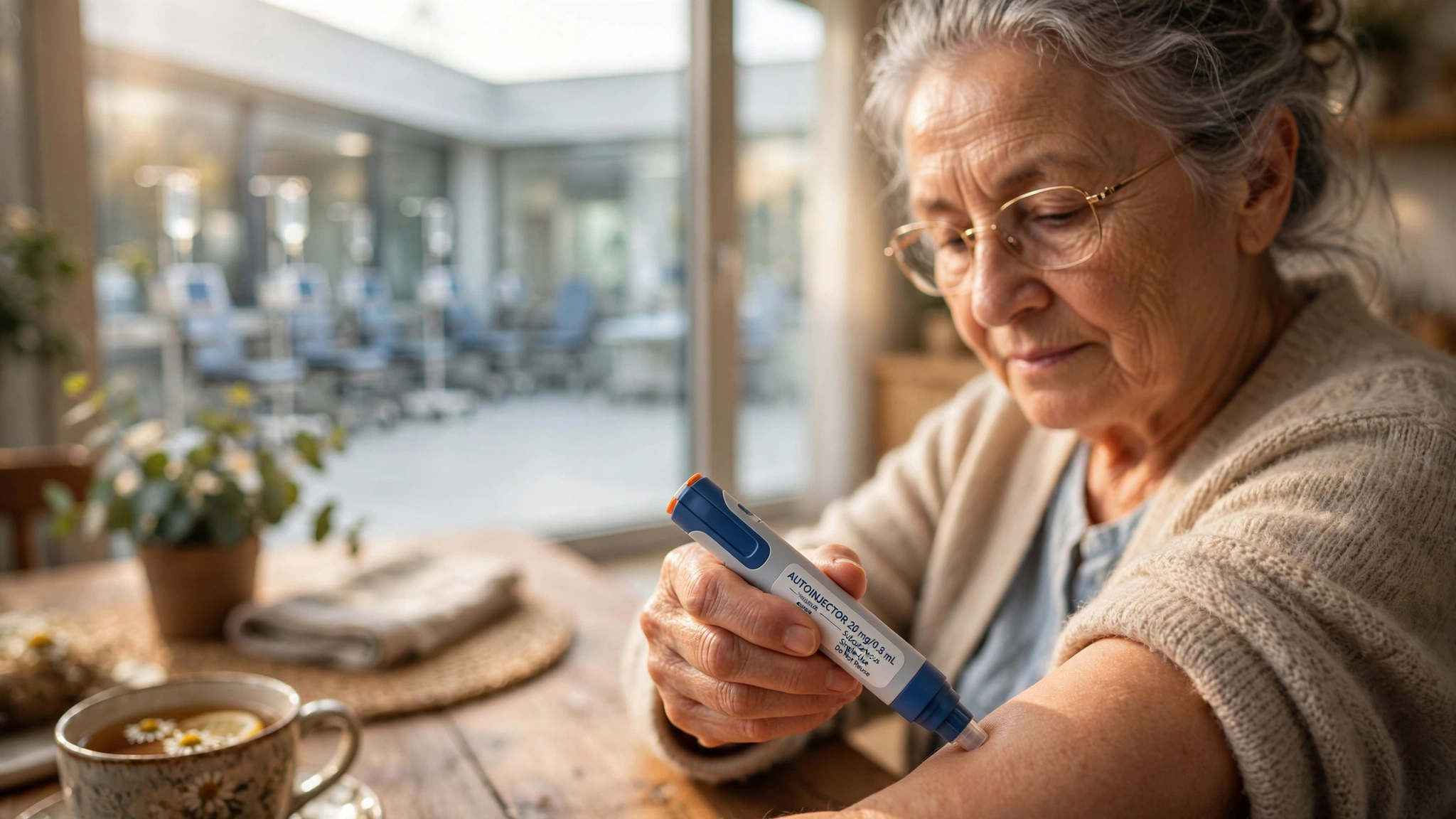 An elderly person self-administering a subcutaneous autoinjector at their kitchen table, an empty infusion clinic visible through a window behind them