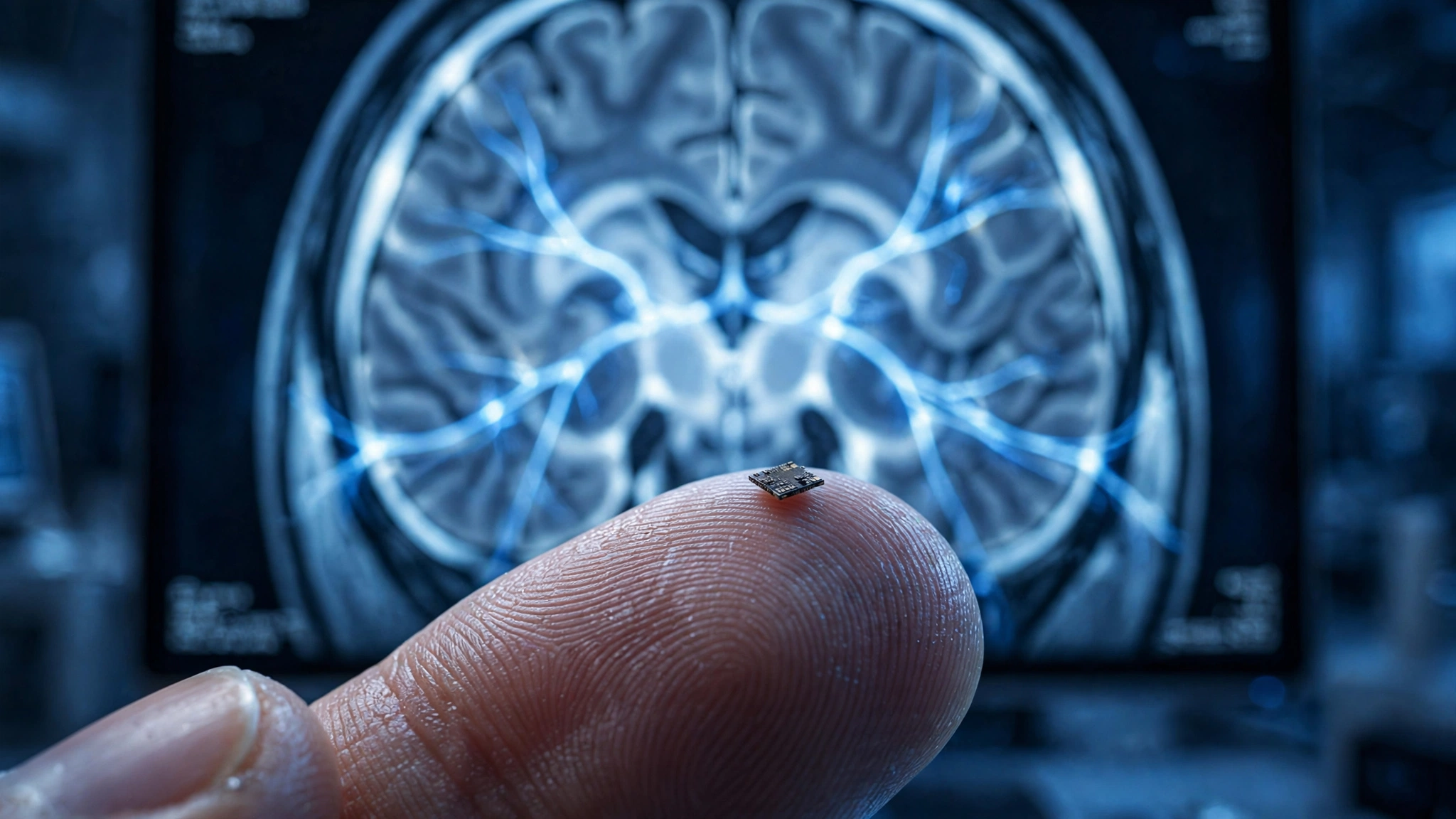 A tiny semiconductor chip on a fingertip with a brain MRI scan in the background