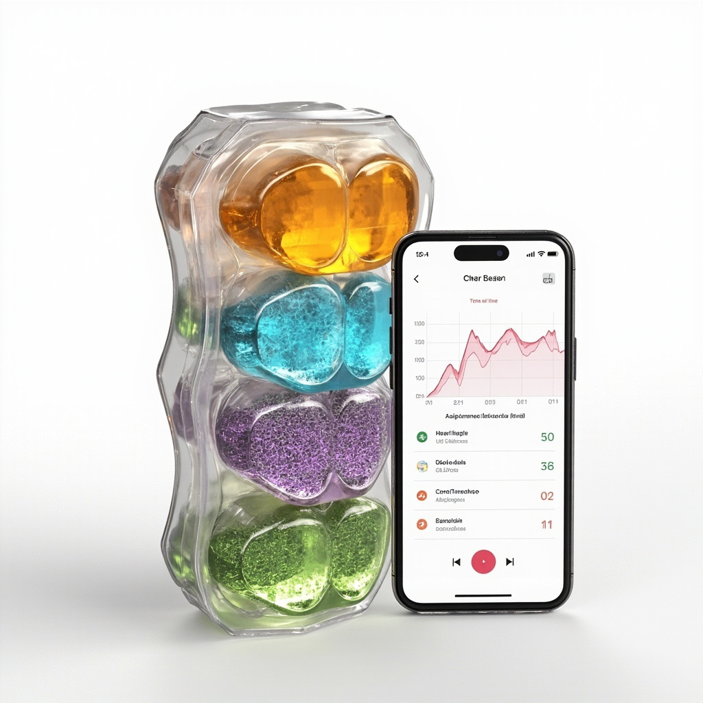 Cross-section of a multi-compartment performance gummy showing individually sealed micro-dose chambers with smartphone app displaying wearable HRV, glucose, and calendar stress data feeding into a Bayesian dosing algorithm