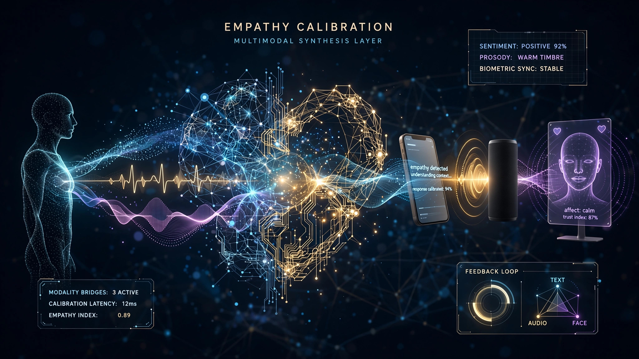 Abstract visualization of AI empathy calibration across text, voice, and embodied modalities