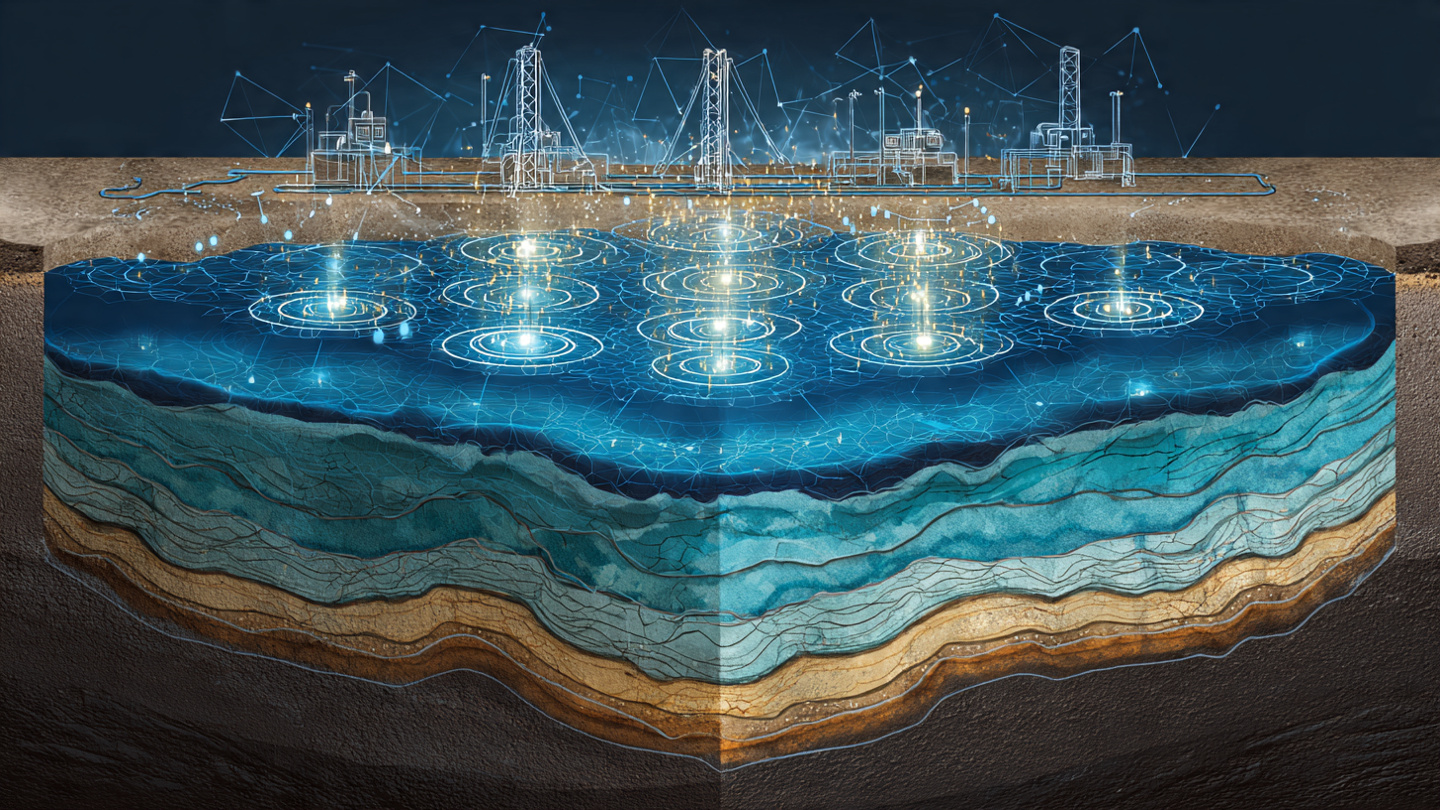 Cross-section of aquifer layers with municipal water wells and SCADA telemetry equipment connected by underground pressure wave patterns