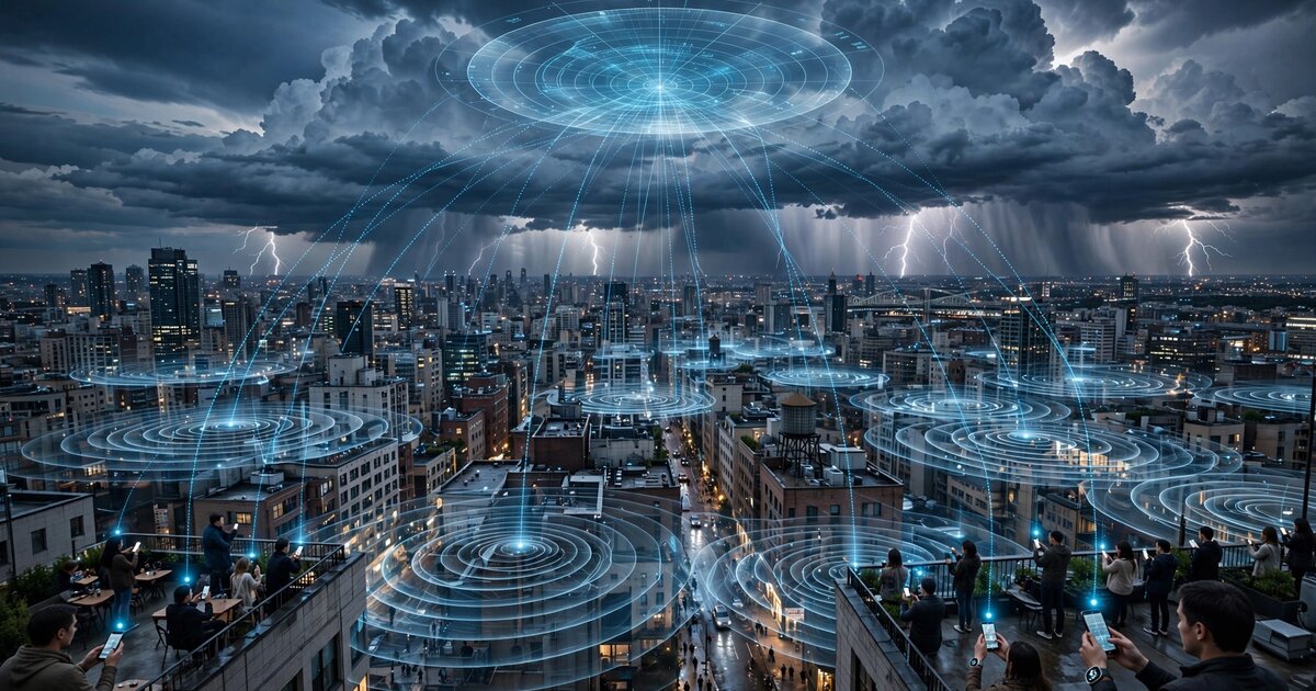 Urban cityscape with atmospheric pressure wavefronts propagating across distributed sensor network during approaching thunderstorm