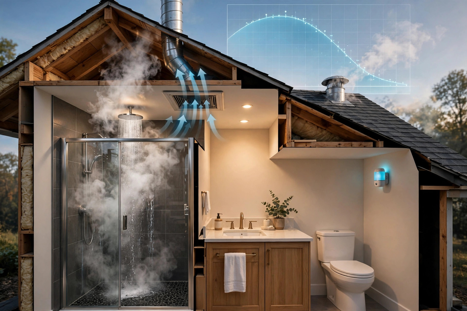 Cutaway of a bathroom during a shower with steam rising into a ceiling exhaust fan, ducted to a roof vent, a glowing humidity sensor on the wall, and a decaying humidity curve overlay
