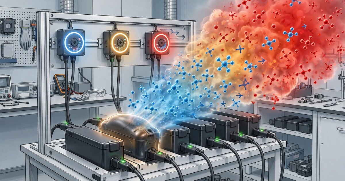 Battery charging station with gas sensor modules detecting VOC emissions from lithium-ion cell in early thermal runaway