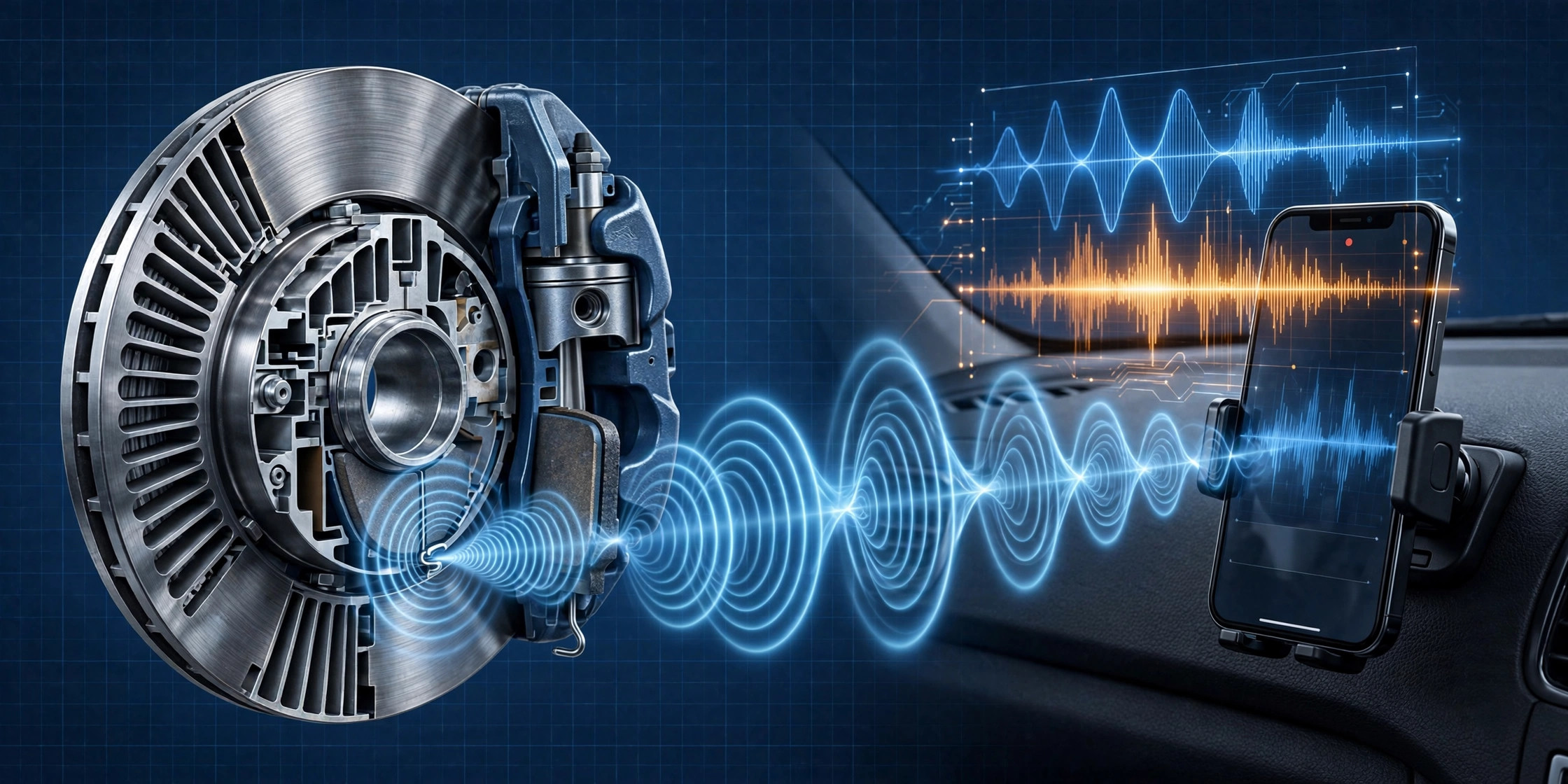 Cutaway of a disc brake caliper with a worn pad and squealer tab touching the rotor, sound waves reaching a smartphone on the dashboard analyzing a frequency spectrum