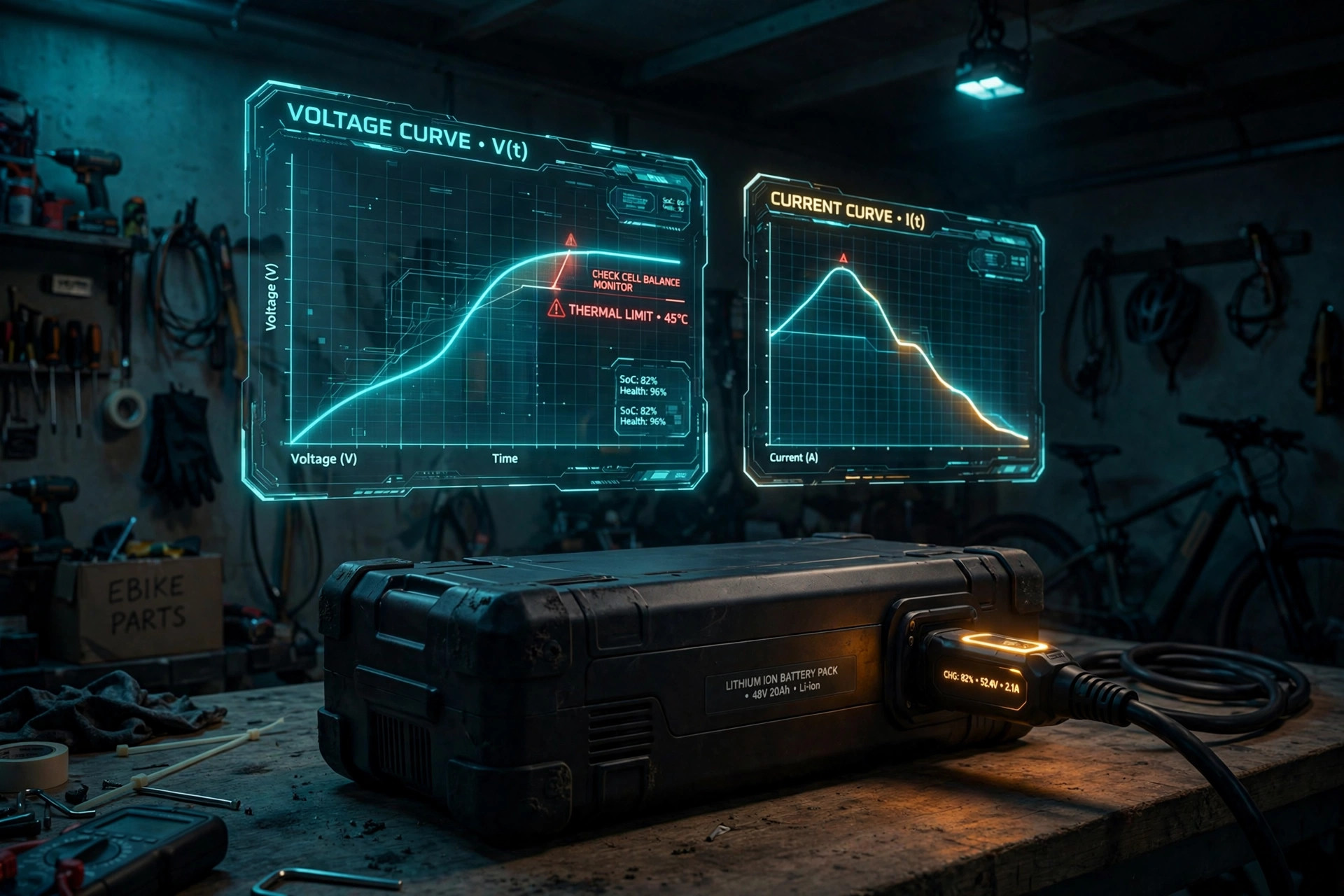 E-bike battery pack charging in a dim garage with an amber-glowing in-line monitoring module spliced into the charging cable and translucent voltage and current charge curves floating above, one segment marked with a red warning indicator