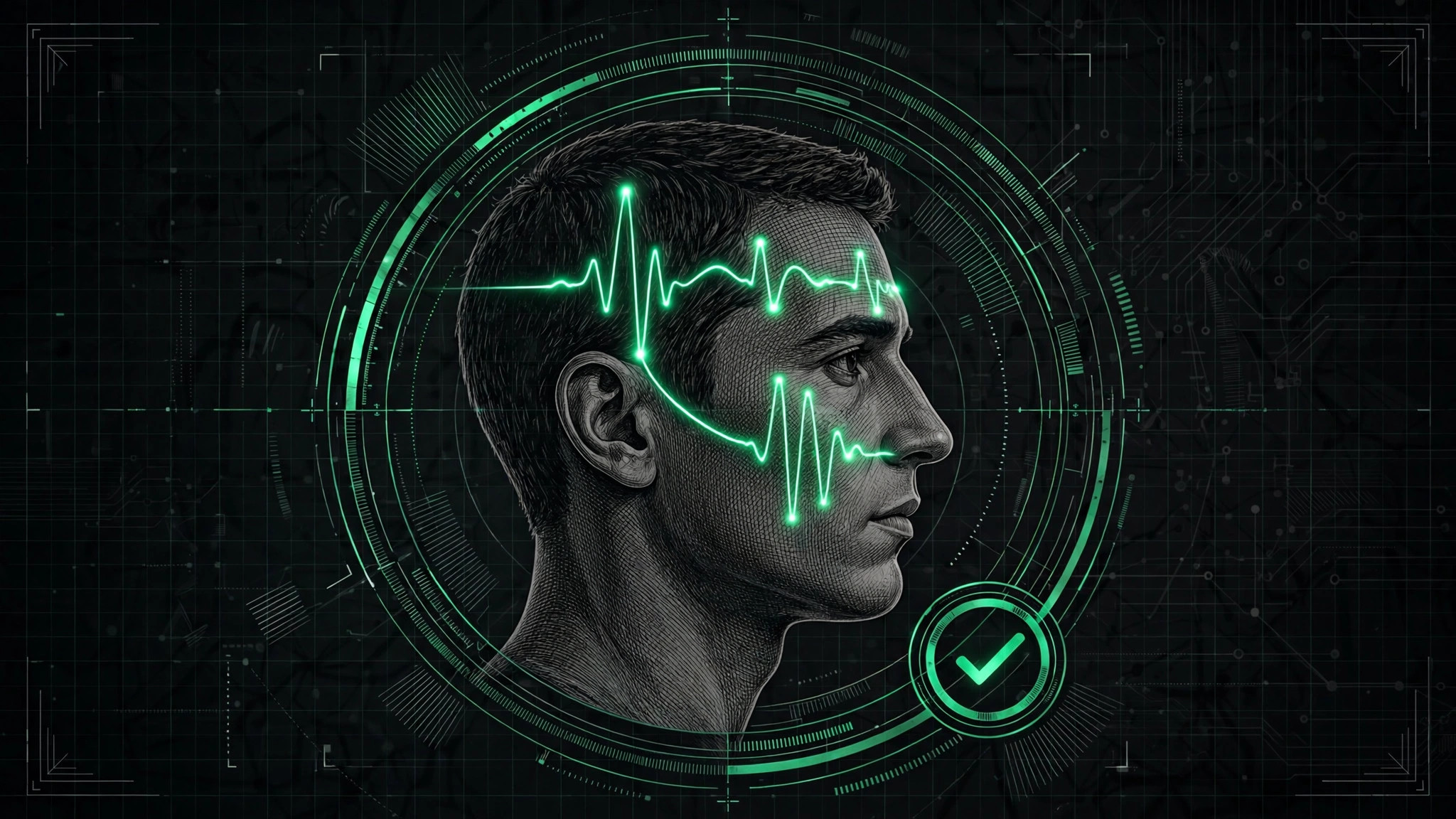A face in profile with a glowing pulse waveform tracing across it, liveness verification scan