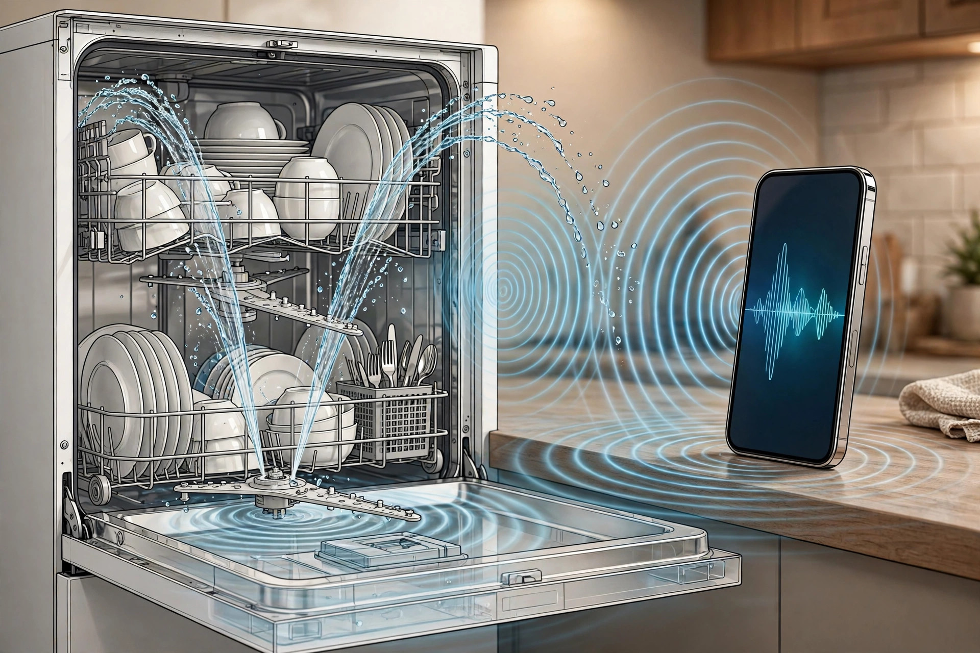 Cutaway of an open dishwasher with rotating spray arms and acoustic ripple rings reaching a smartphone on the countertop: passive spray arm and filter health sensing