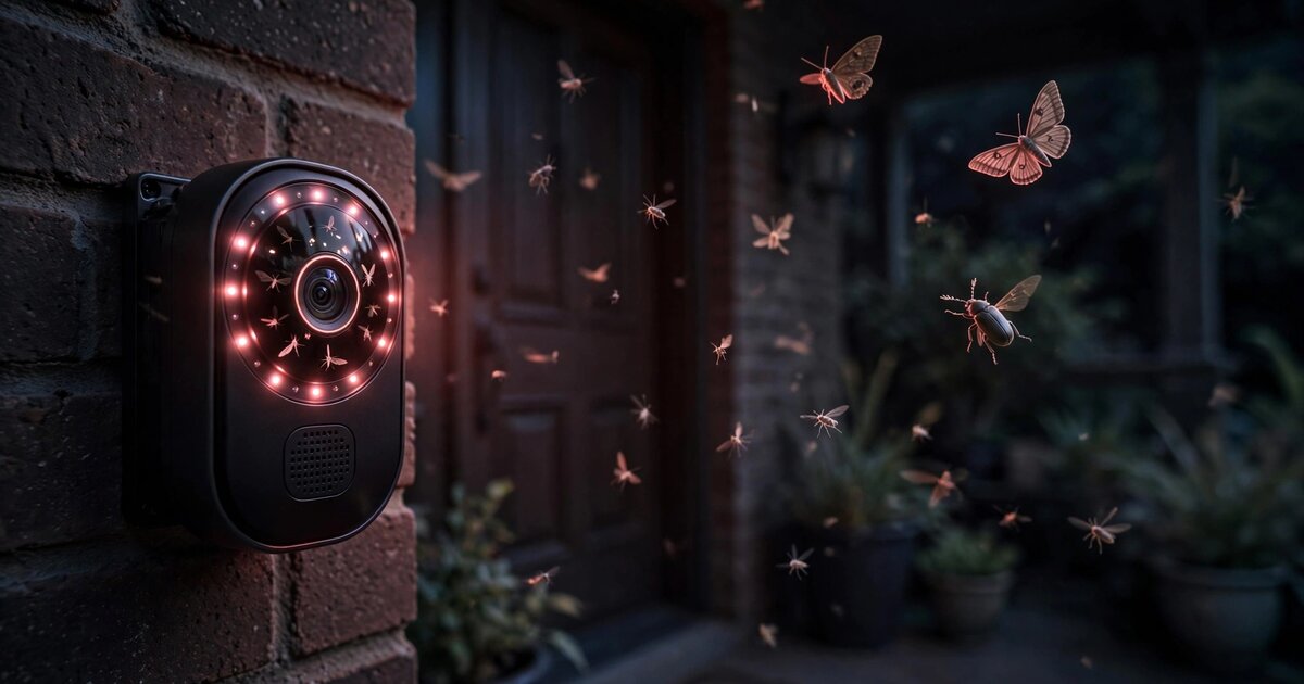 Smart doorbell camera with infrared illumination capturing moths and insects at night