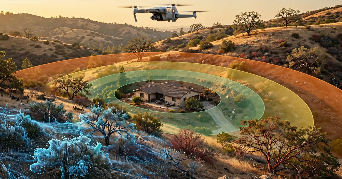 Consumer drone surveying defensible space zones around a California hillside residence with photogrammetric point cloud overlay