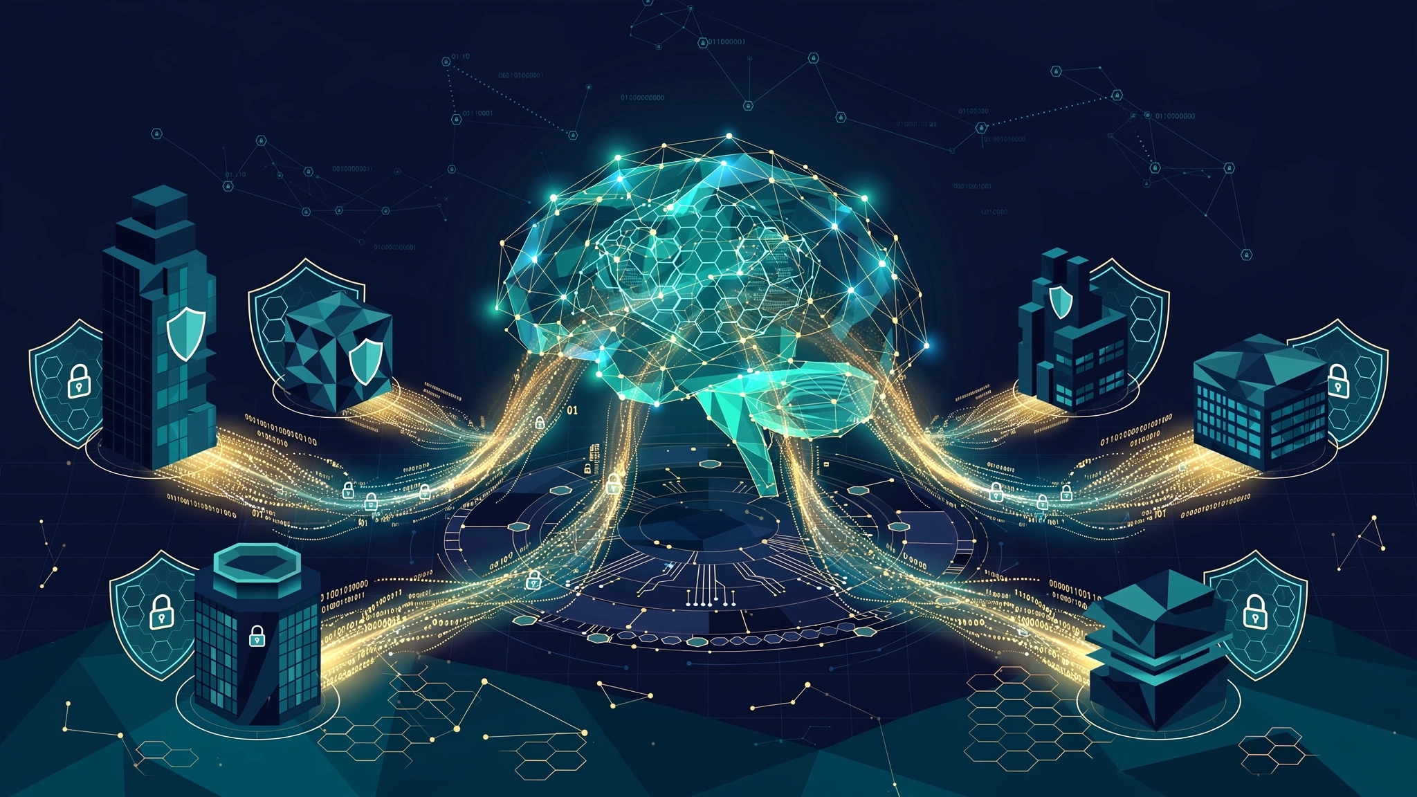 Enterprise buildings connected by encrypted data streams flowing into a central neural network
