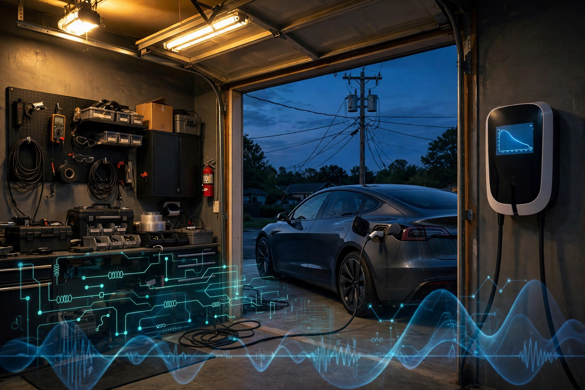 Home garage at night with an electric vehicle charging, wall charger display showing a voltage droop curve, and a cutaway view of a pole-mounted distribution transformer with power lines overhead