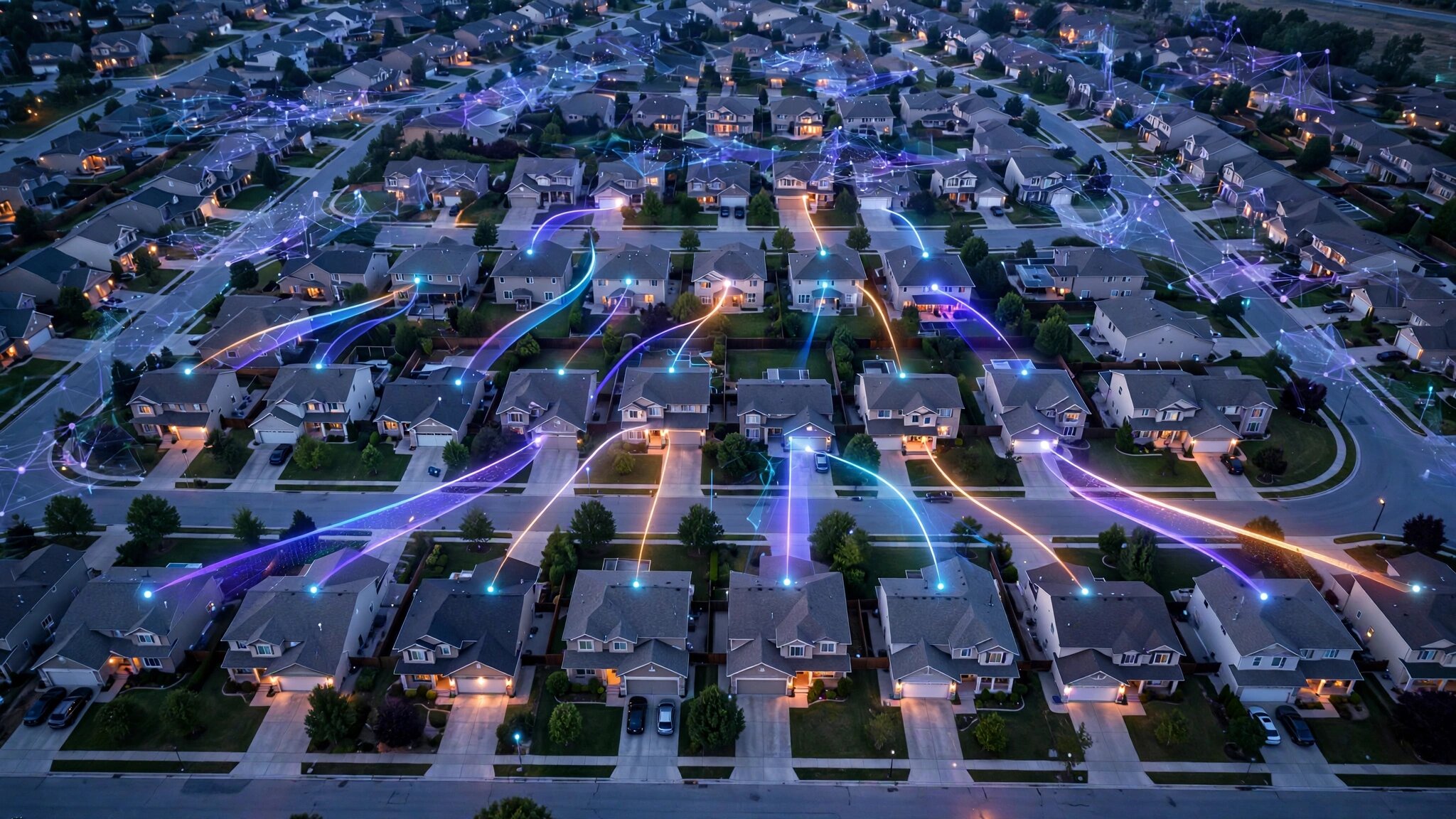 Aerial view of suburban neighborhood with data visualization overlay showing cross-property behavioral trajectory analysis