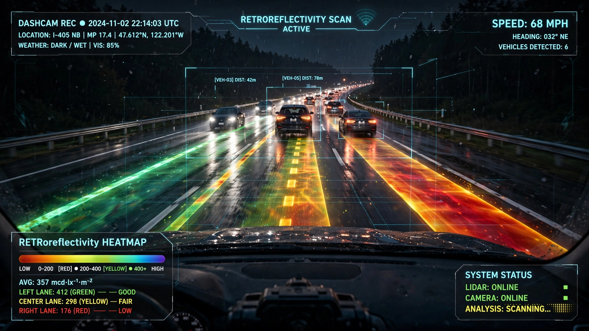 Fleet vehicles at night with dashcam view showing retroreflectivity heatmap overlay on lane markings