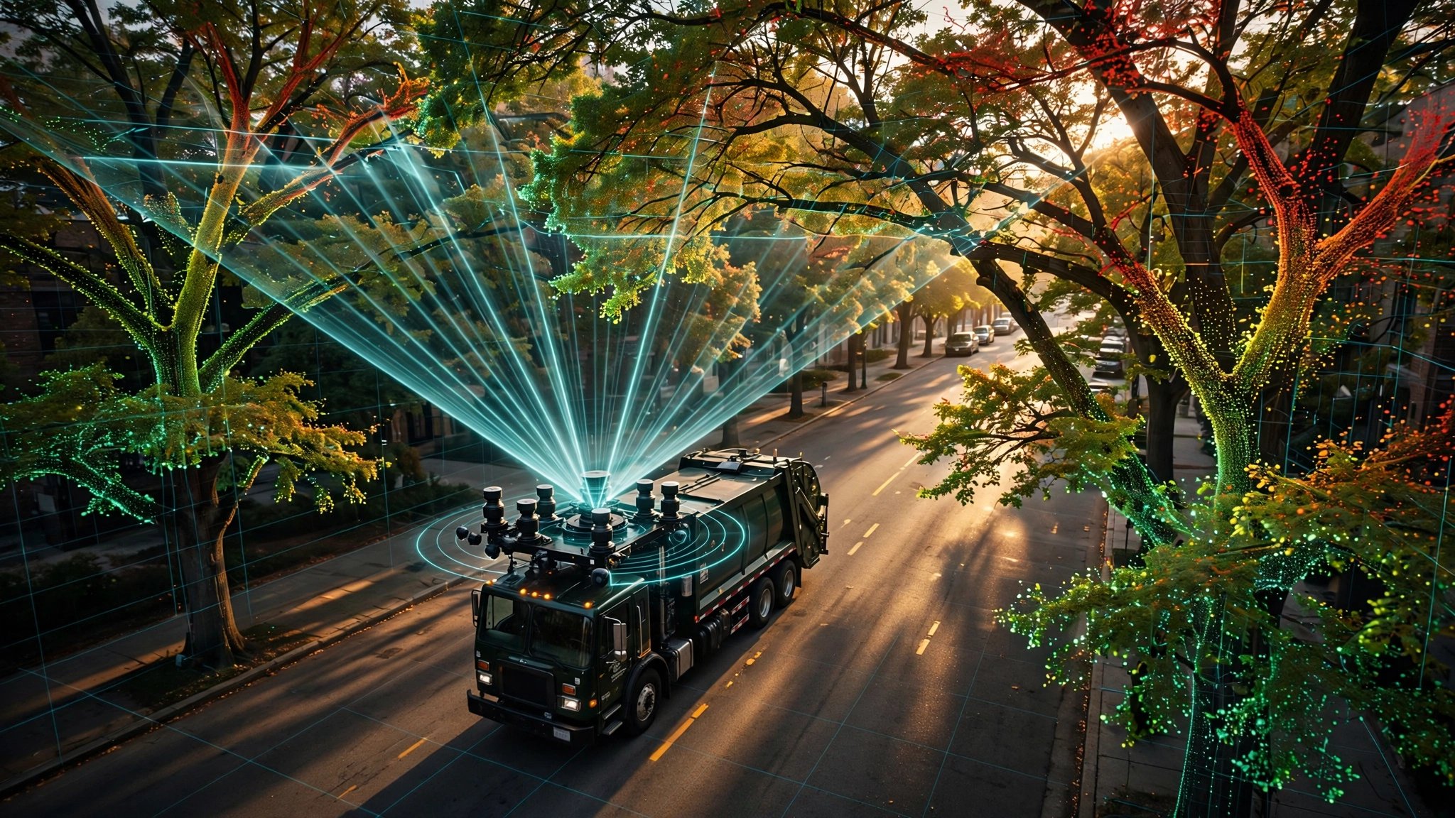 LiDAR point cloud visualization of urban street trees scanned from a passing municipal vehicle