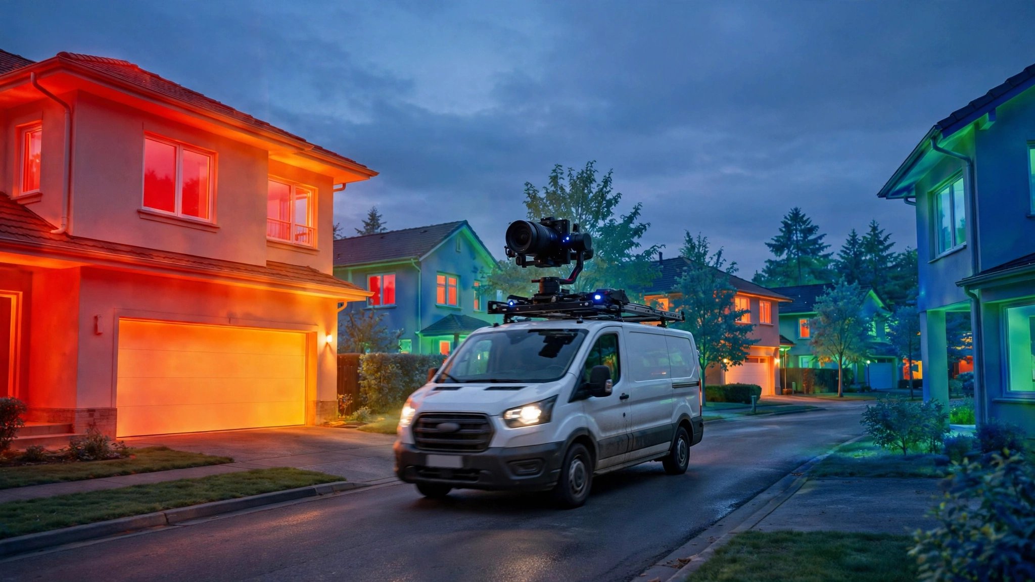 Delivery vehicle with thermal camera scanning residential buildings showing heat loss patterns