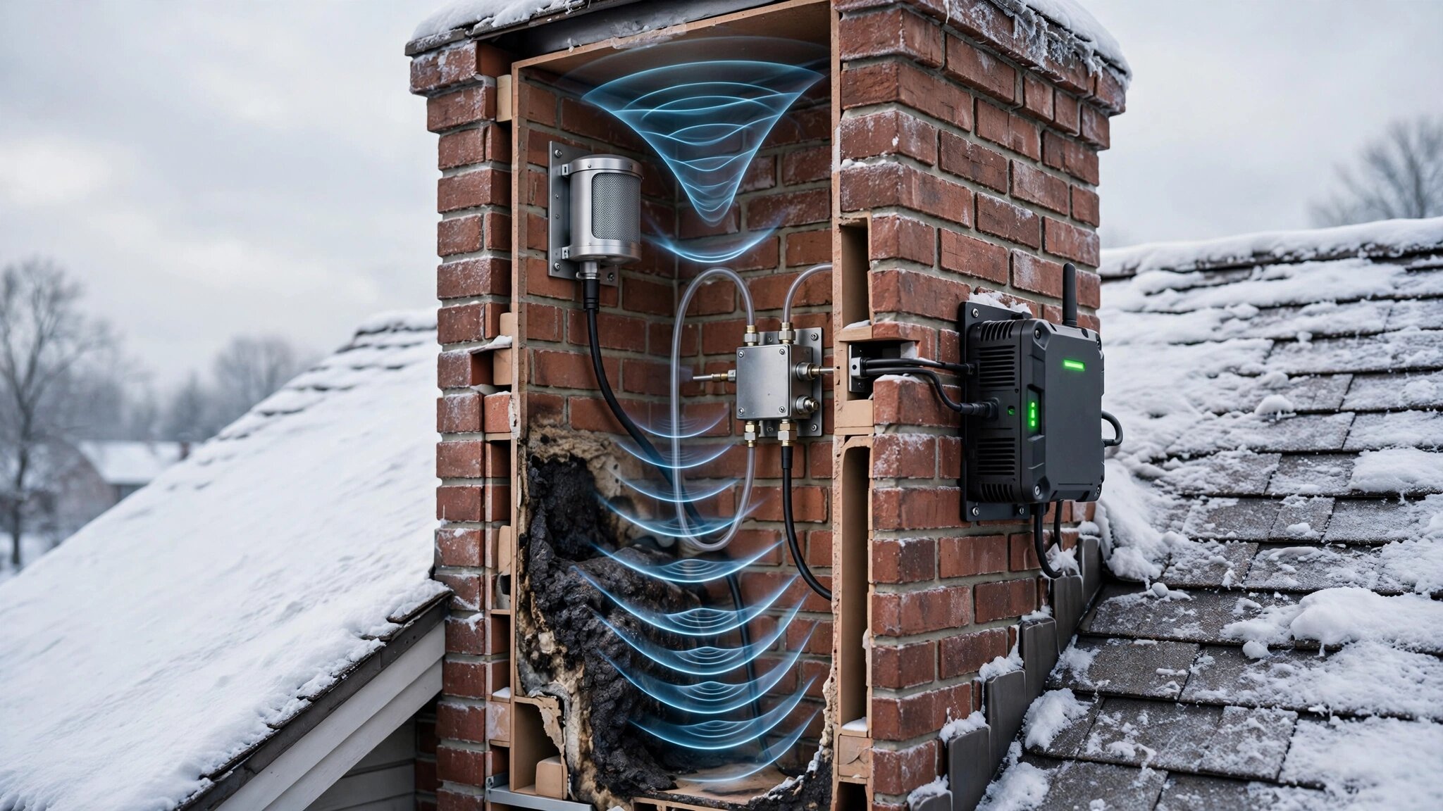 Cutaway view of a residential chimney with acoustic sensors and differential pressure monitors detecting flue blockage