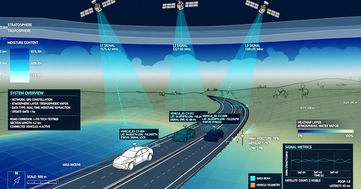 Connected vehicles on a highway receiving GNSS signals through atmospheric water vapor layers with moisture heatmap overlay
