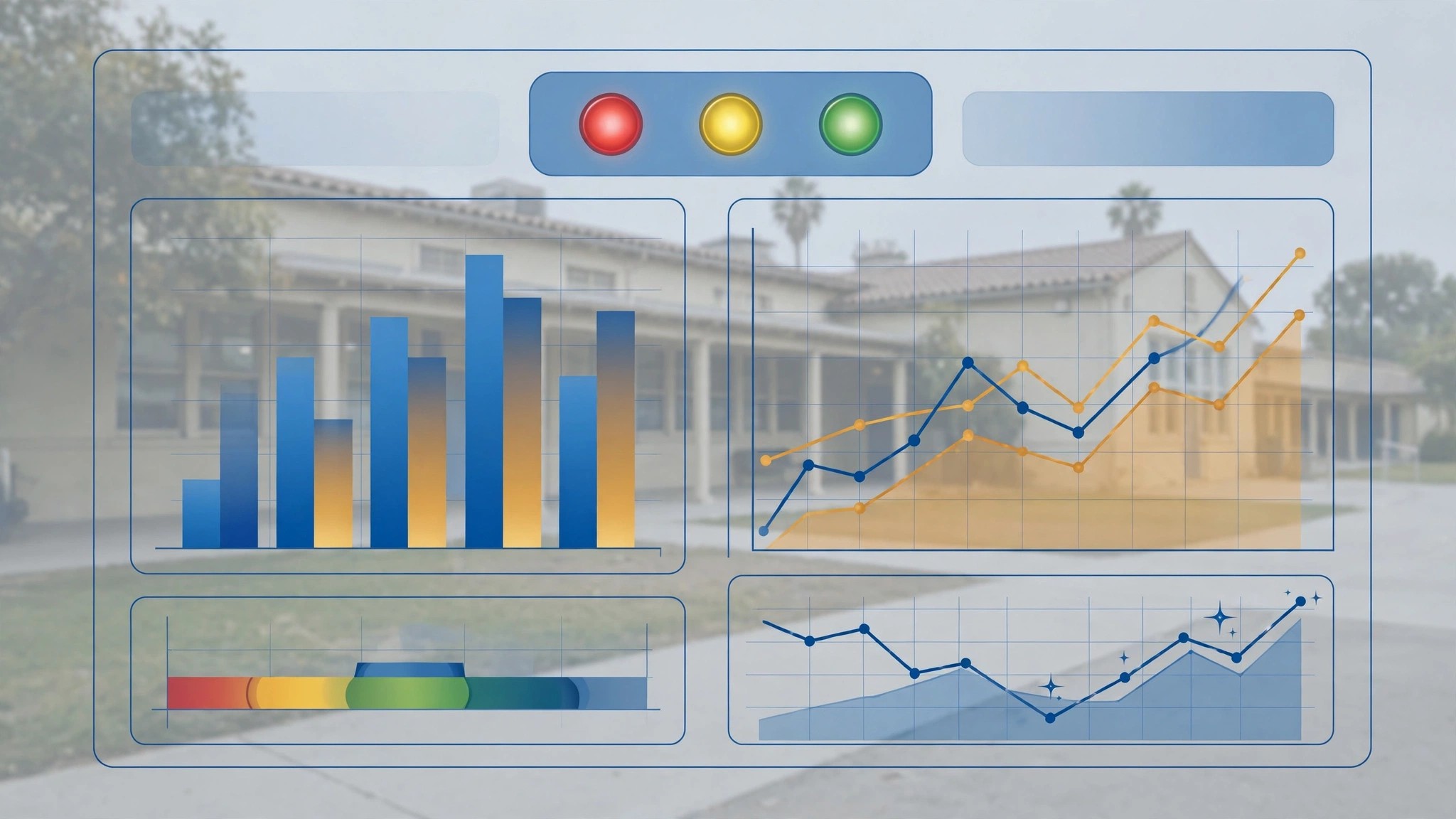Automated accountability dashboard overlaying California public school outcome data with threshold indicators and funding portability triggers