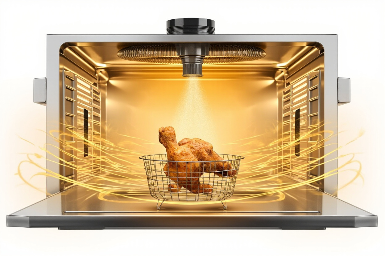 Cutaway view of a countertop cooking chamber showing chicken wings inside a wire basket, surrounded by swirling hot air currents and fine oil mist being applied from a top-mounted ultrasonic atomizer