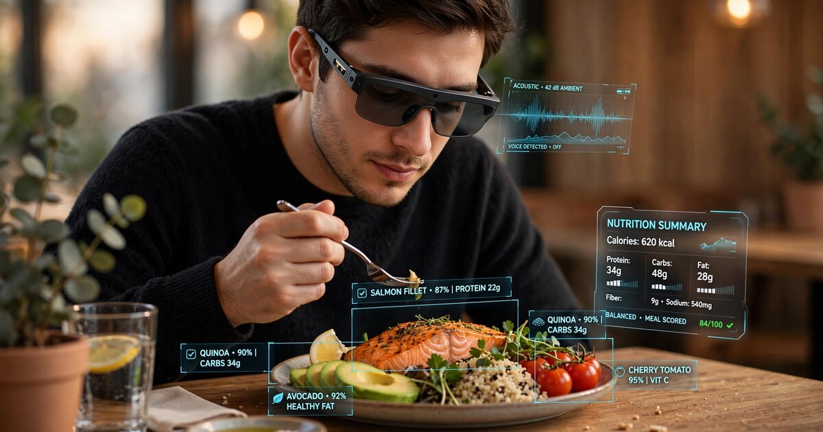 Person wearing smart glasses at a meal table with acoustic waveform and food recognition overlays
