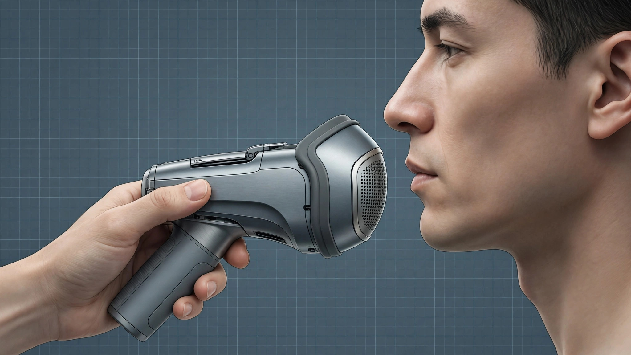 Handheld stenomask device held near a face in profile, industrial design render