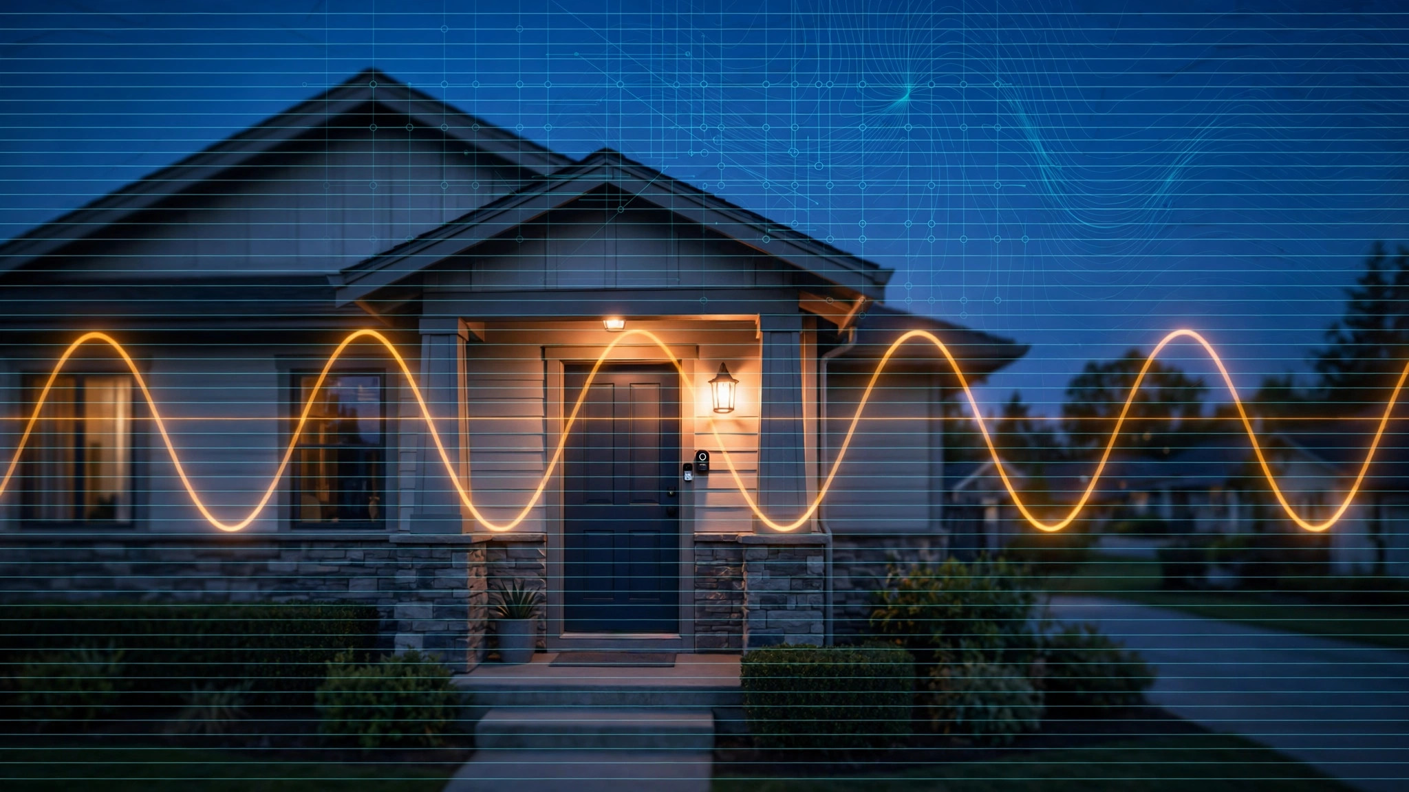 A house at dusk with a glowing porch light and a video doorbell camera; a translucent overlay shows the 120 Hz lamp flicker waveform sampled by horizontal rolling-shutter scan lines, with a faint power-grid frequency contour map in the sky