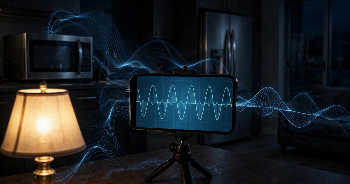 A smartphone on a tripod aimed at a glowing table lamp at night, the phone screen showing the 120 Hz brightness flicker waveform, with kitchen appliances in the background connected to the lamp by an electrical ripple