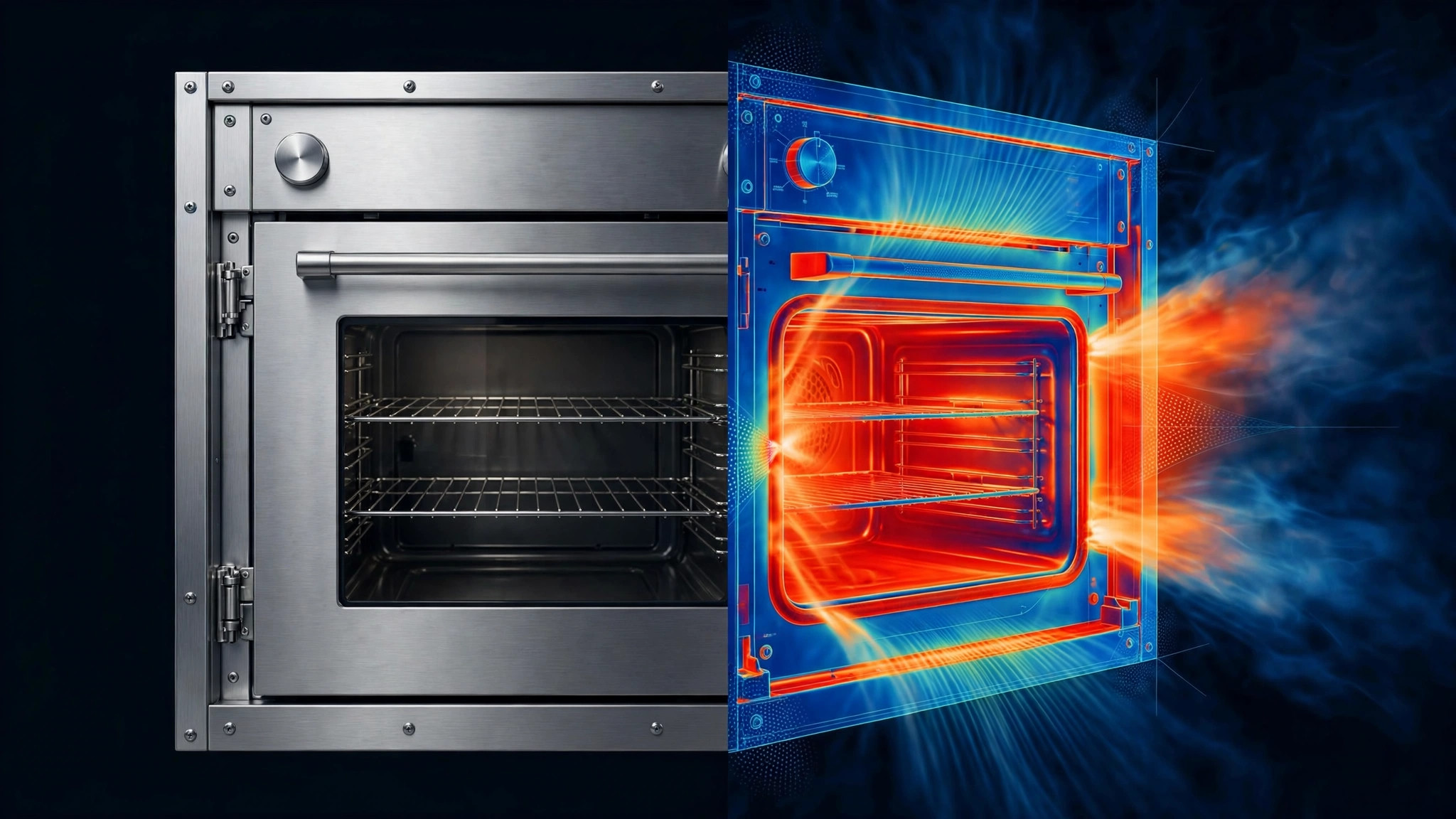 An oven rendered half photorealistic and half thermal-imaging, heat leaking from its door seals