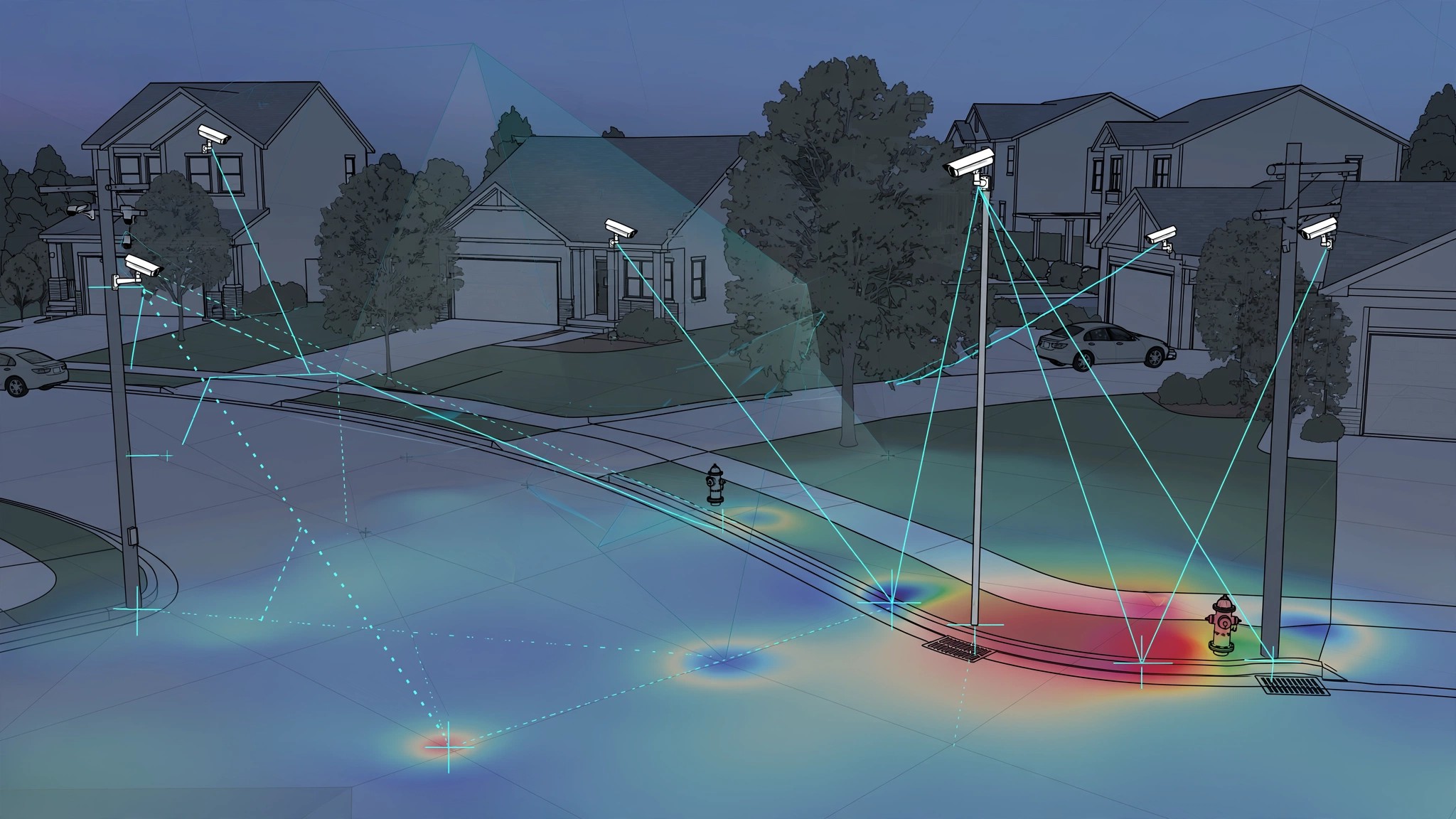 Suburban neighborhood with security cameras connected by geometric sight lines to ground reference points, showing deformation heat map overlay