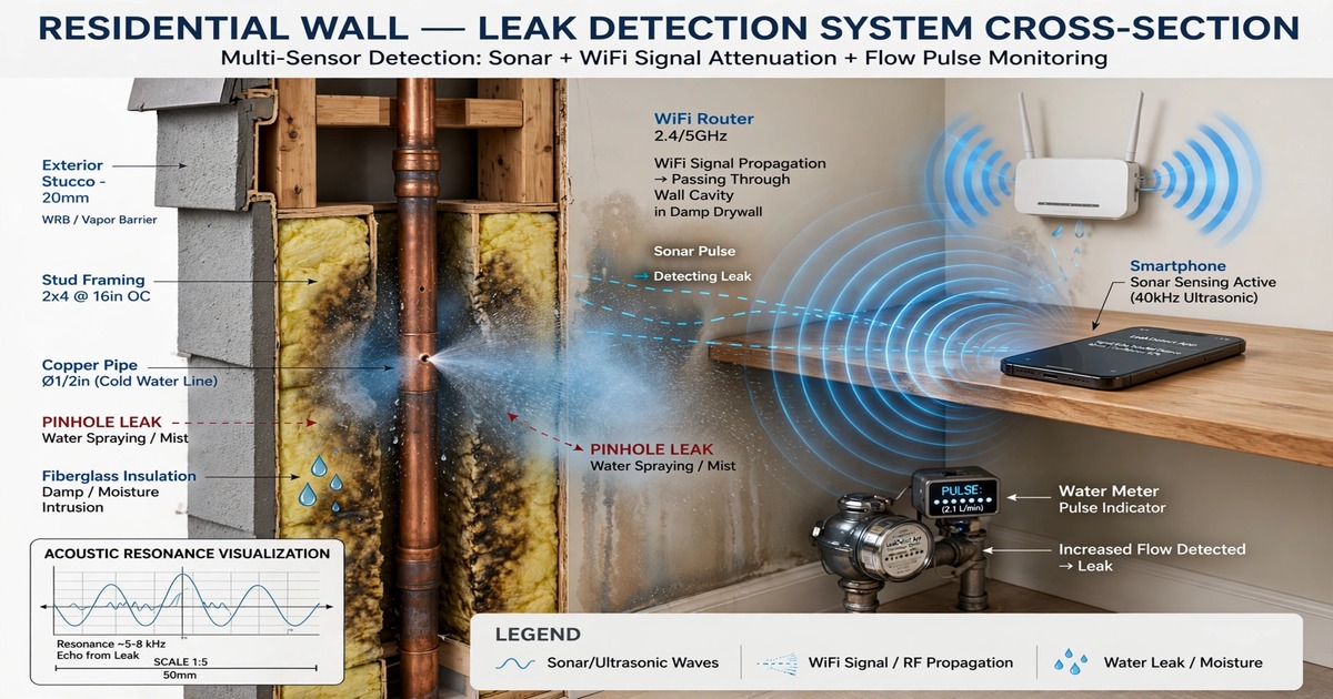 Cross-section of residential wall with hidden plumbing pipe pinhole leak, smartphone sonar, WiFi CSI through damp drywall, and water meter pulse analysis