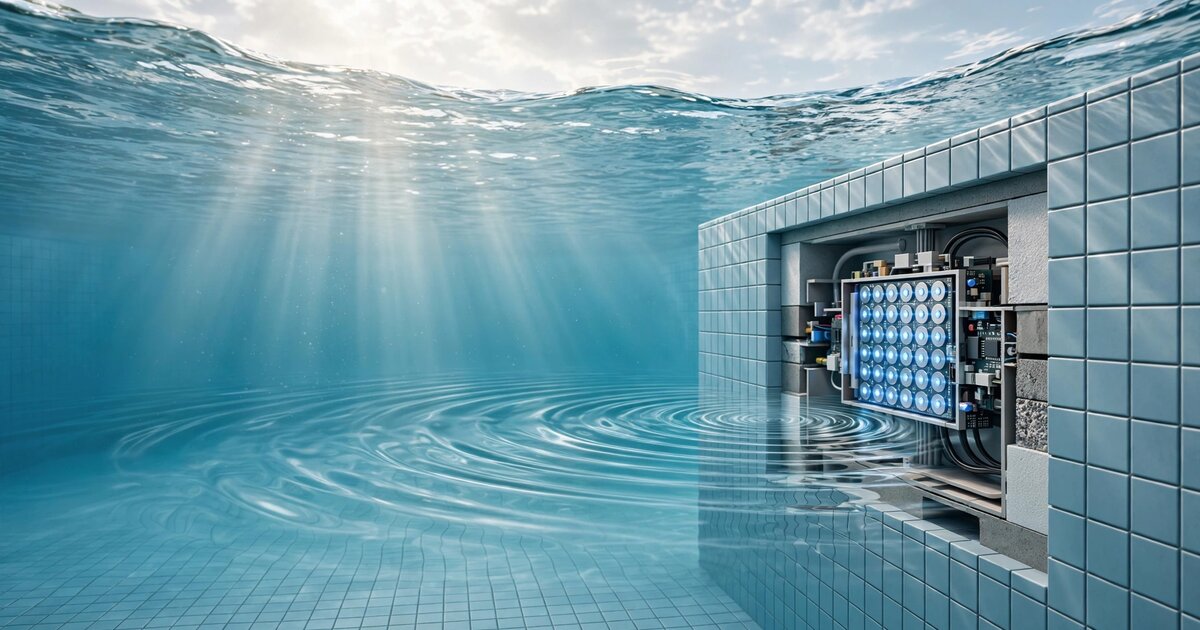 Underwater view of residential swimming pool with embedded piezoelectric sensor array and pressure wave visualization