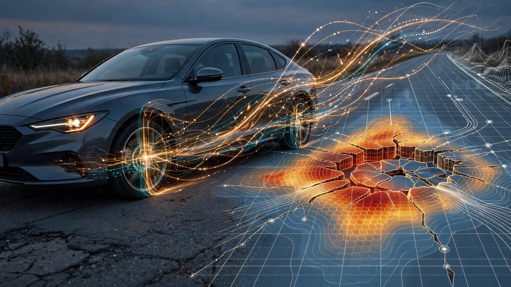 A car approaching a pothole with glowing suspension telemetry streams forming a predictive overlay on the road