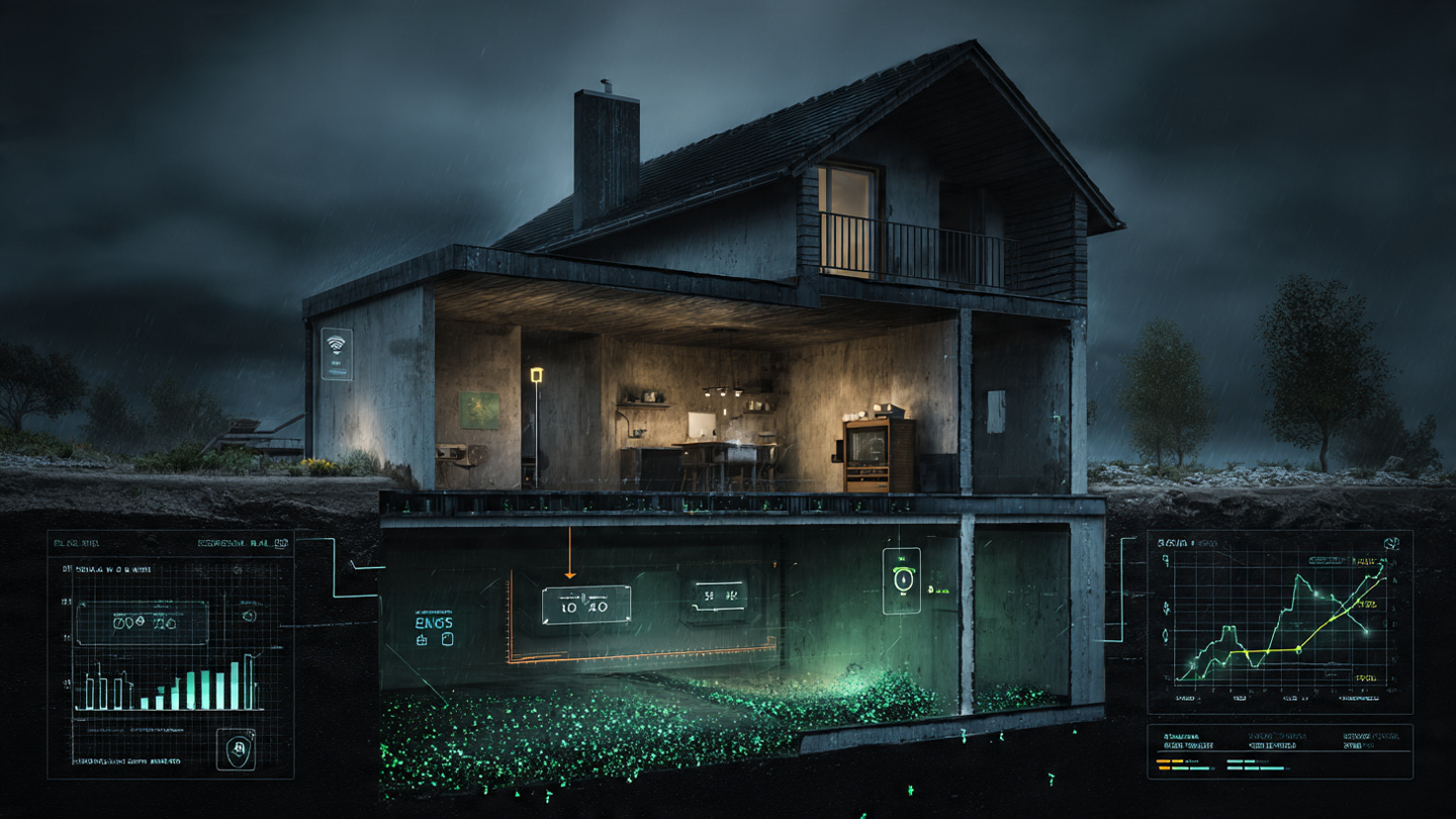 Cutaway view of house foundation with radon gas rising through cracks and smart home sensors displaying pressure data