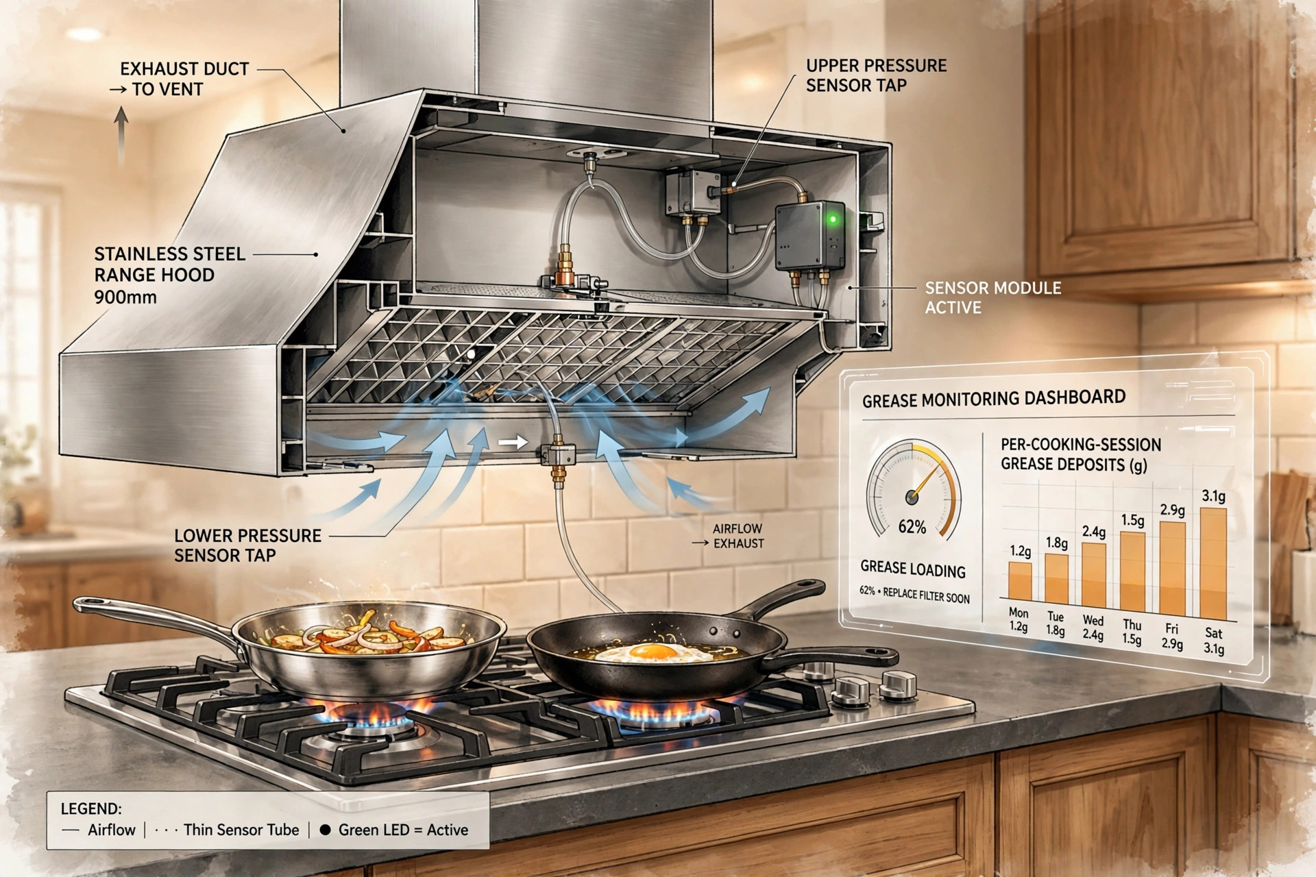 Cutaway view of a kitchen range hood over a gas cooktop, with pressure sensor taps above and below the grease filter, and a dashboard showing a grease loading gauge and per-session deposit bars
