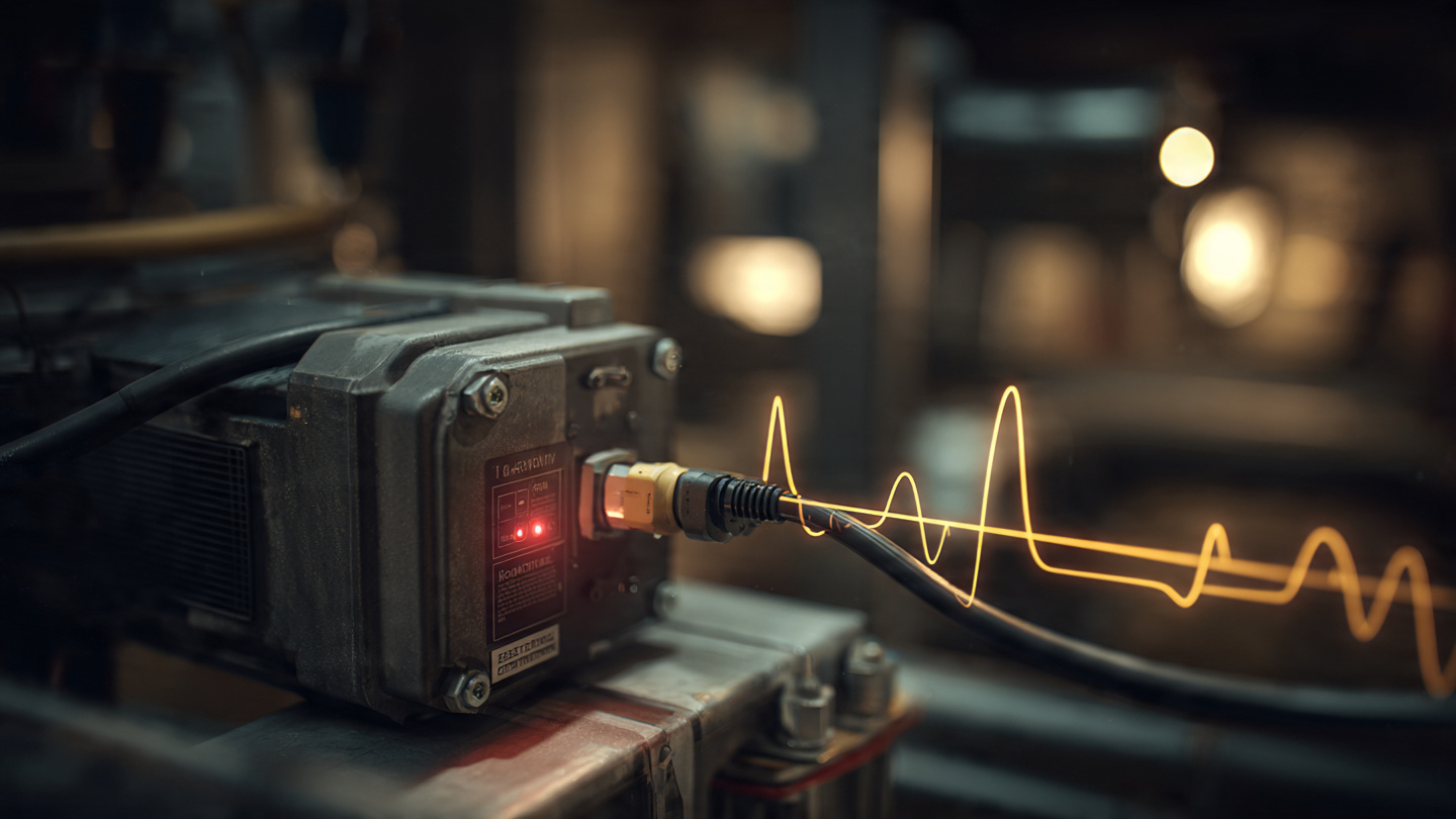 HVAC compressor with current transformer clamp on power cable and digital waveform analysis overlay
