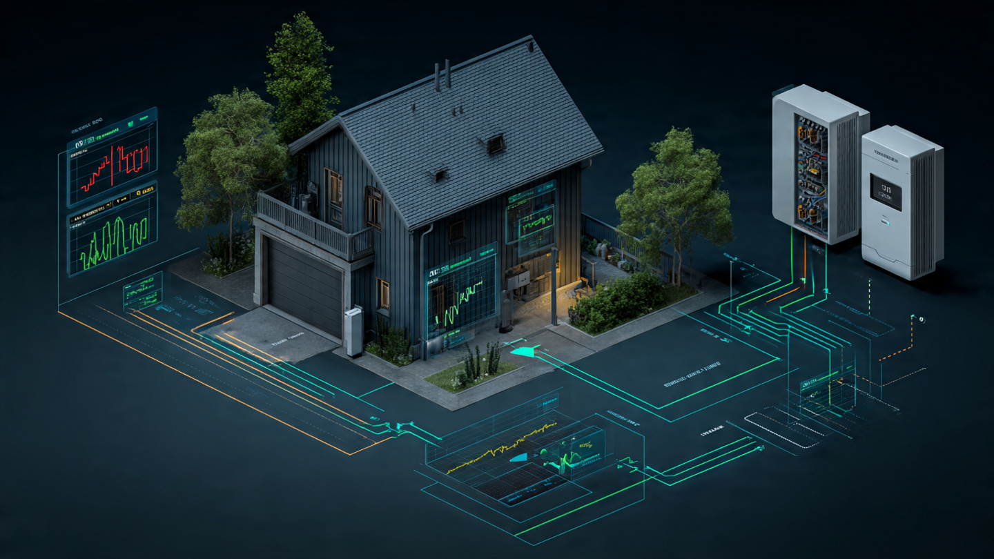 Residential electrical panel with smart meter and harmonic analysis waveform overlays showing capacity estimation