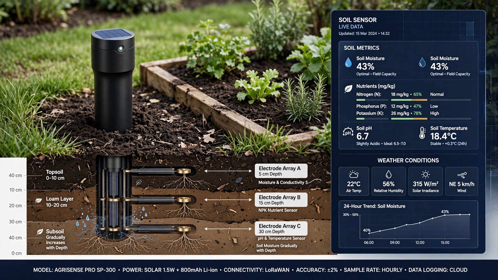 In-ground sensor probe in residential garden soil with data visualization overlay