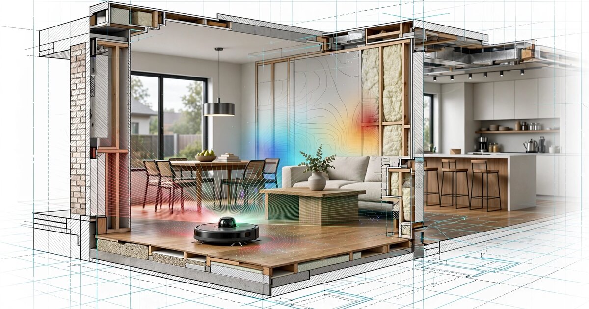 Robot vacuum scanning residential interior with LiDAR and structural displacement heatmap overlay