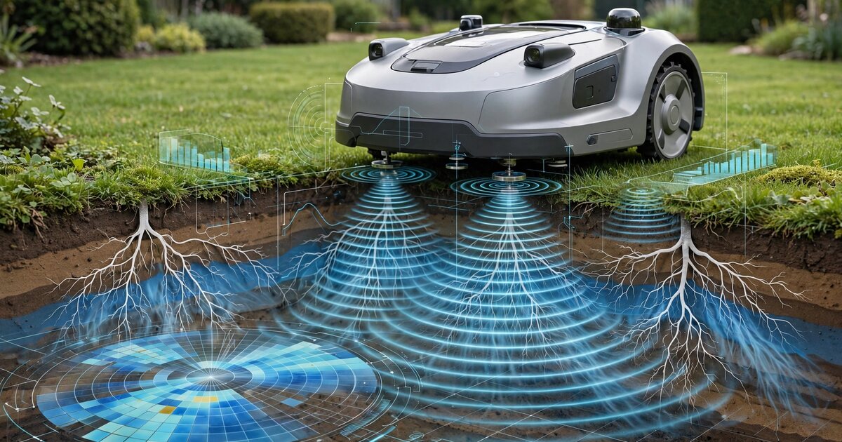 Autonomous robotic lawn mower with soil impedance sensing electrodes showing subsurface moisture visualization