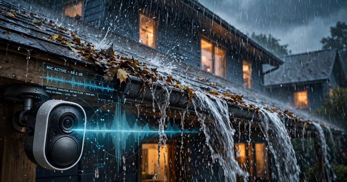 Smart home camera capturing overflowing gutters during rainstorm with acoustic waveform visualization